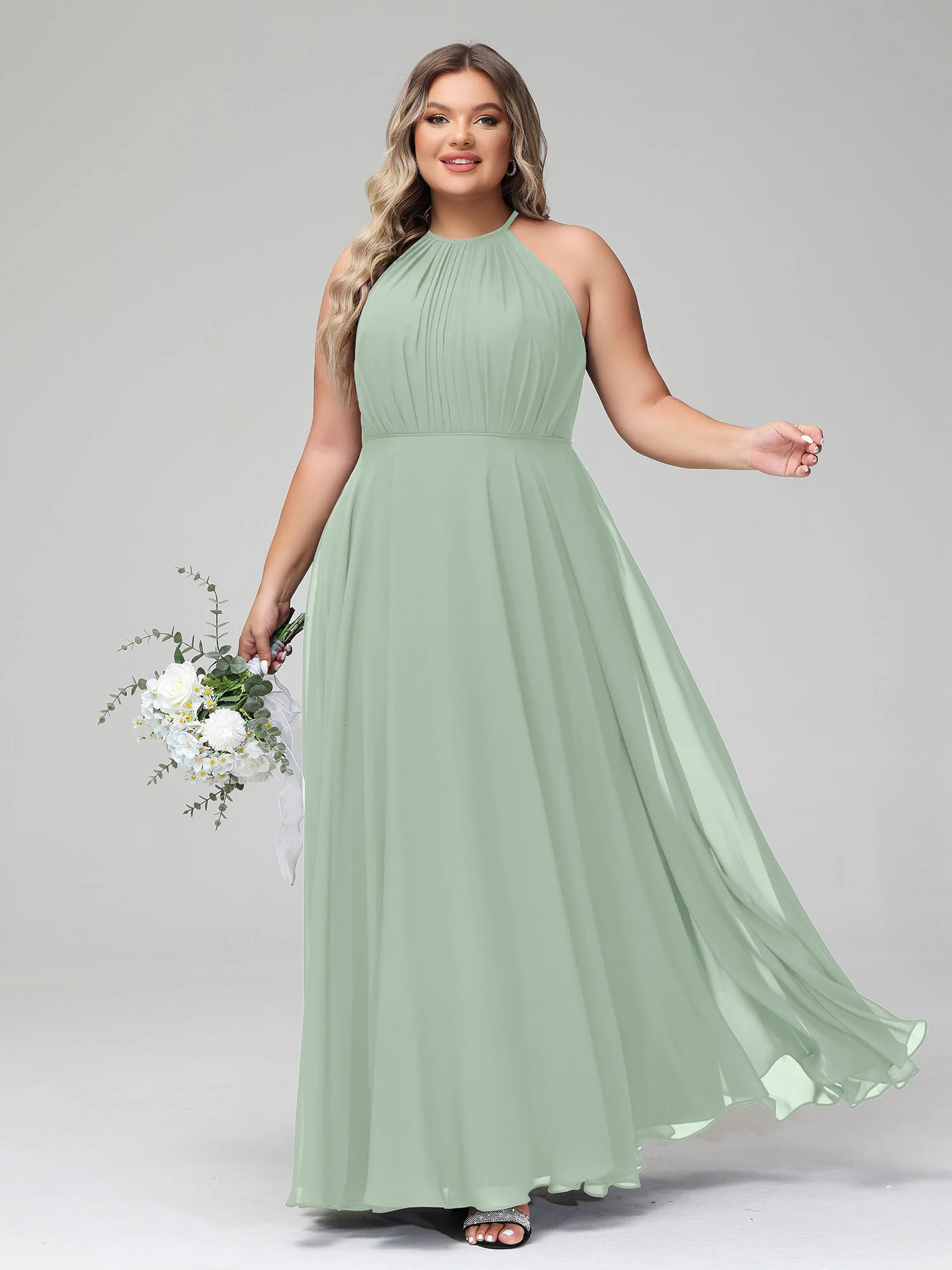Halter Neck Chiffon Maxi Dress with Circle Skirt-Agave - Image 4