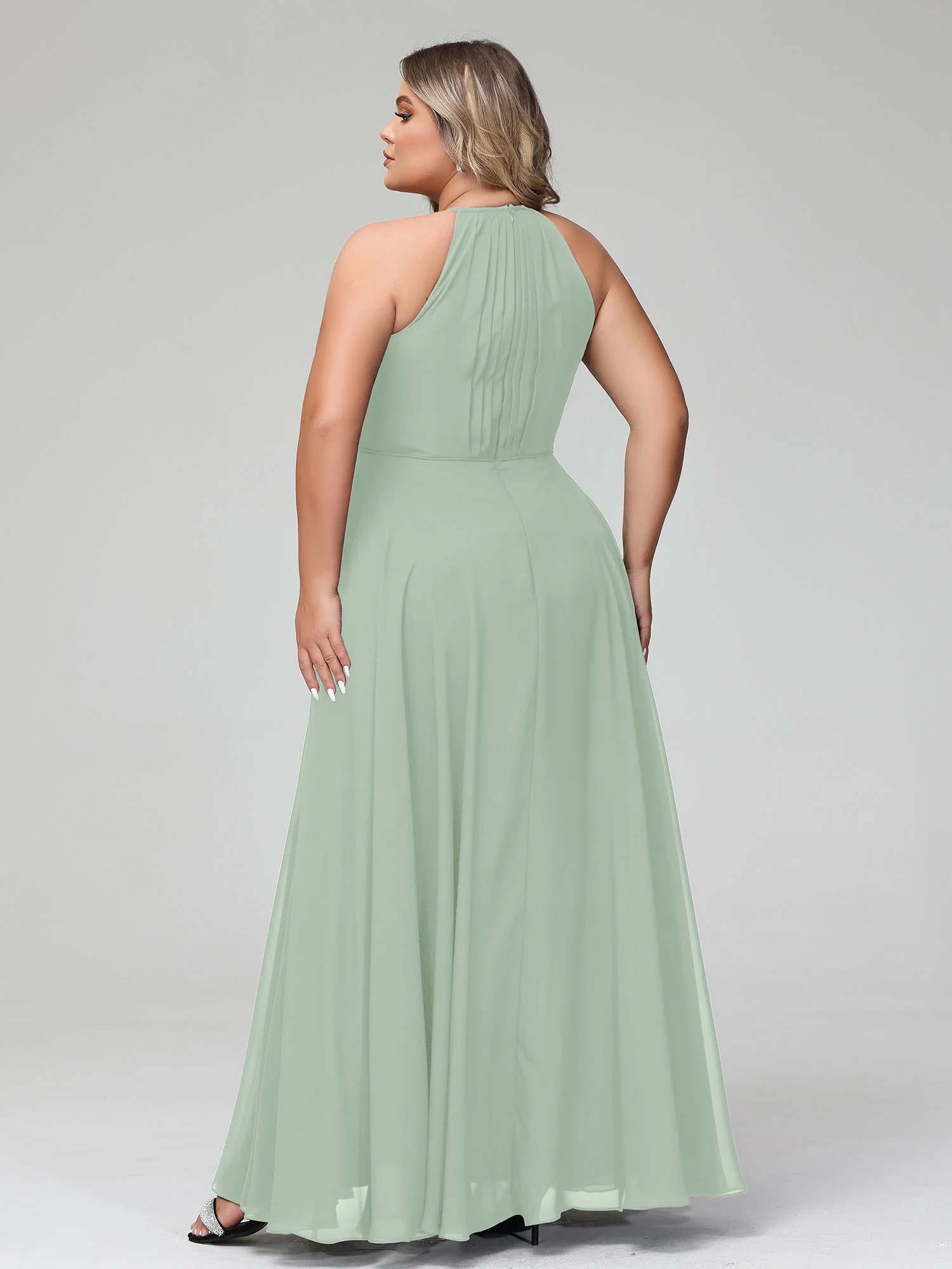 Halter Neck Chiffon Maxi Dress with Circle Skirt-Agave - Image 5