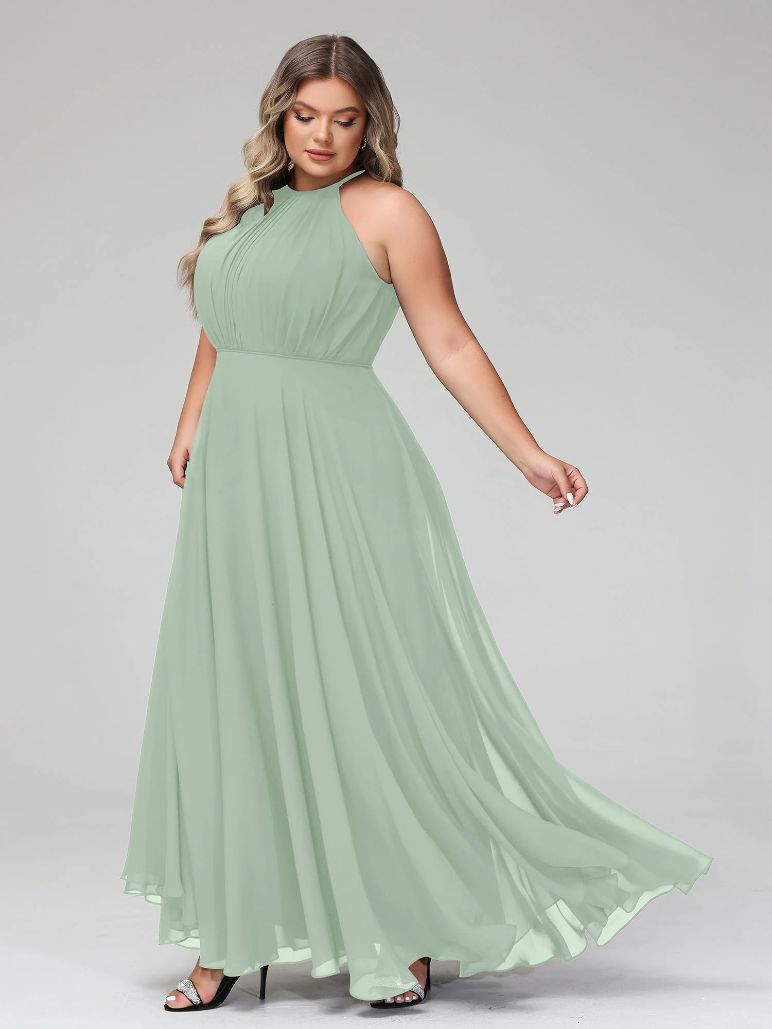 Halter Neck Chiffon Maxi Dress with Circle Skirt-Agave - Image 6