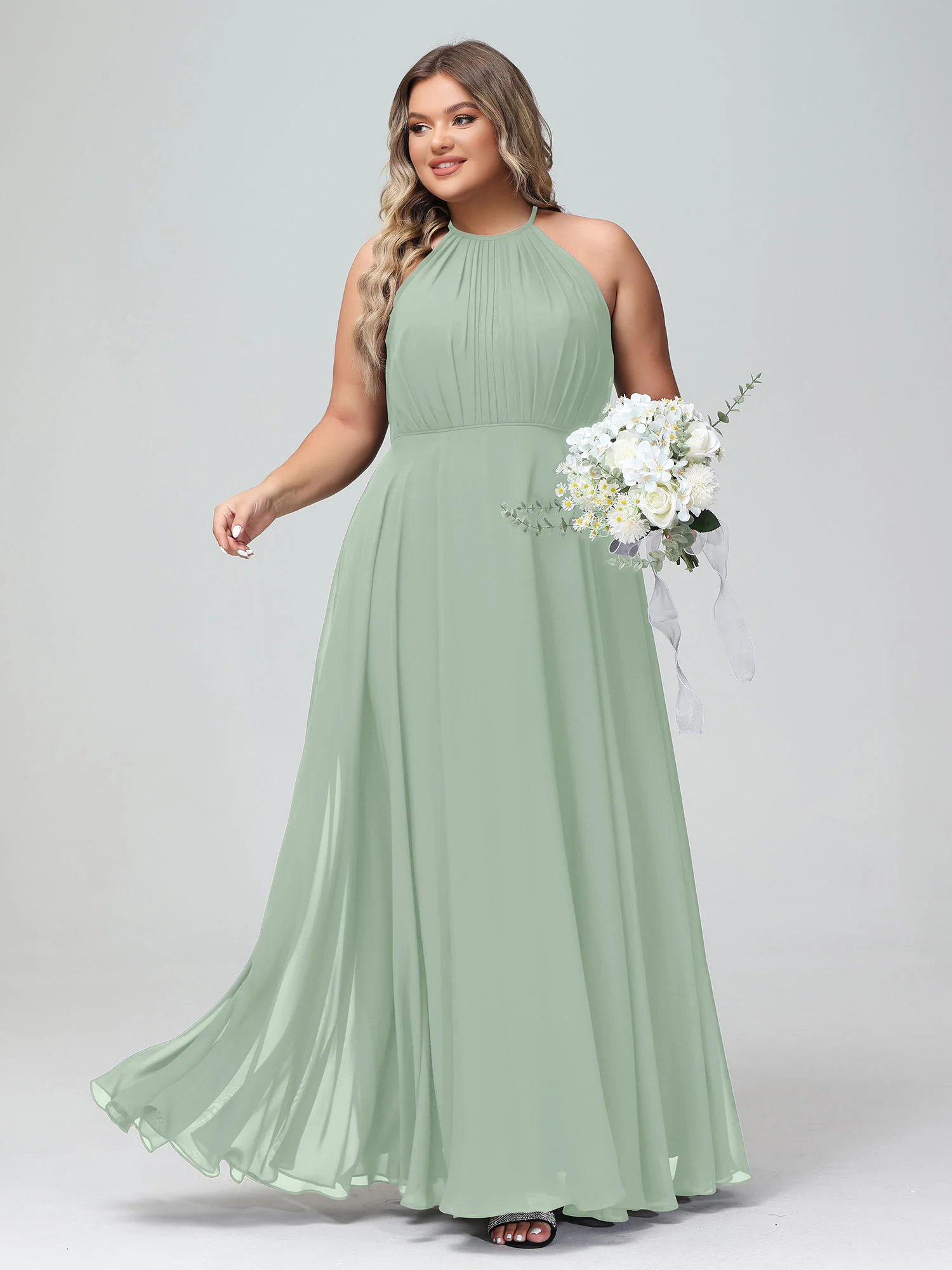 Halter Neck Chiffon Maxi Dress with Circle Skirt-Agave - Image 7