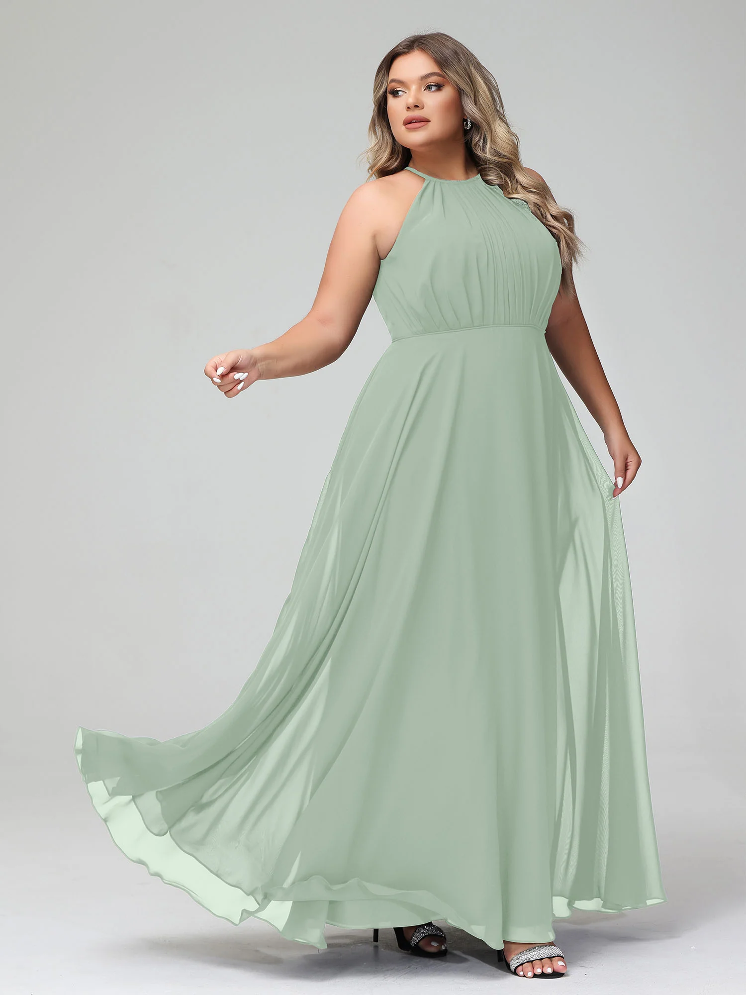 Halter Neck Chiffon Maxi Dress with Circle Skirt-Agave - Image 8