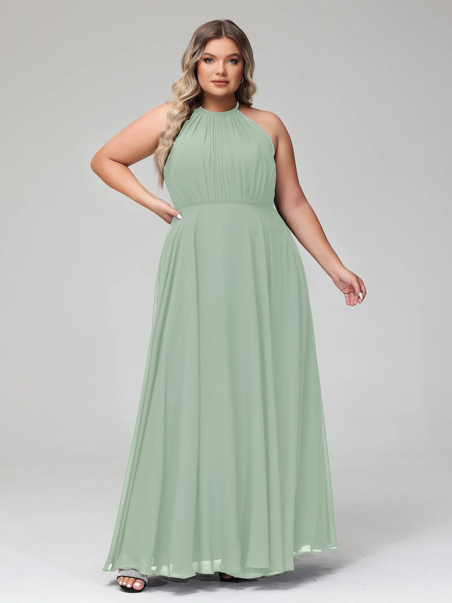Halter Neck Chiffon Maxi Dress with Circle Skirt-Agave - Image 9