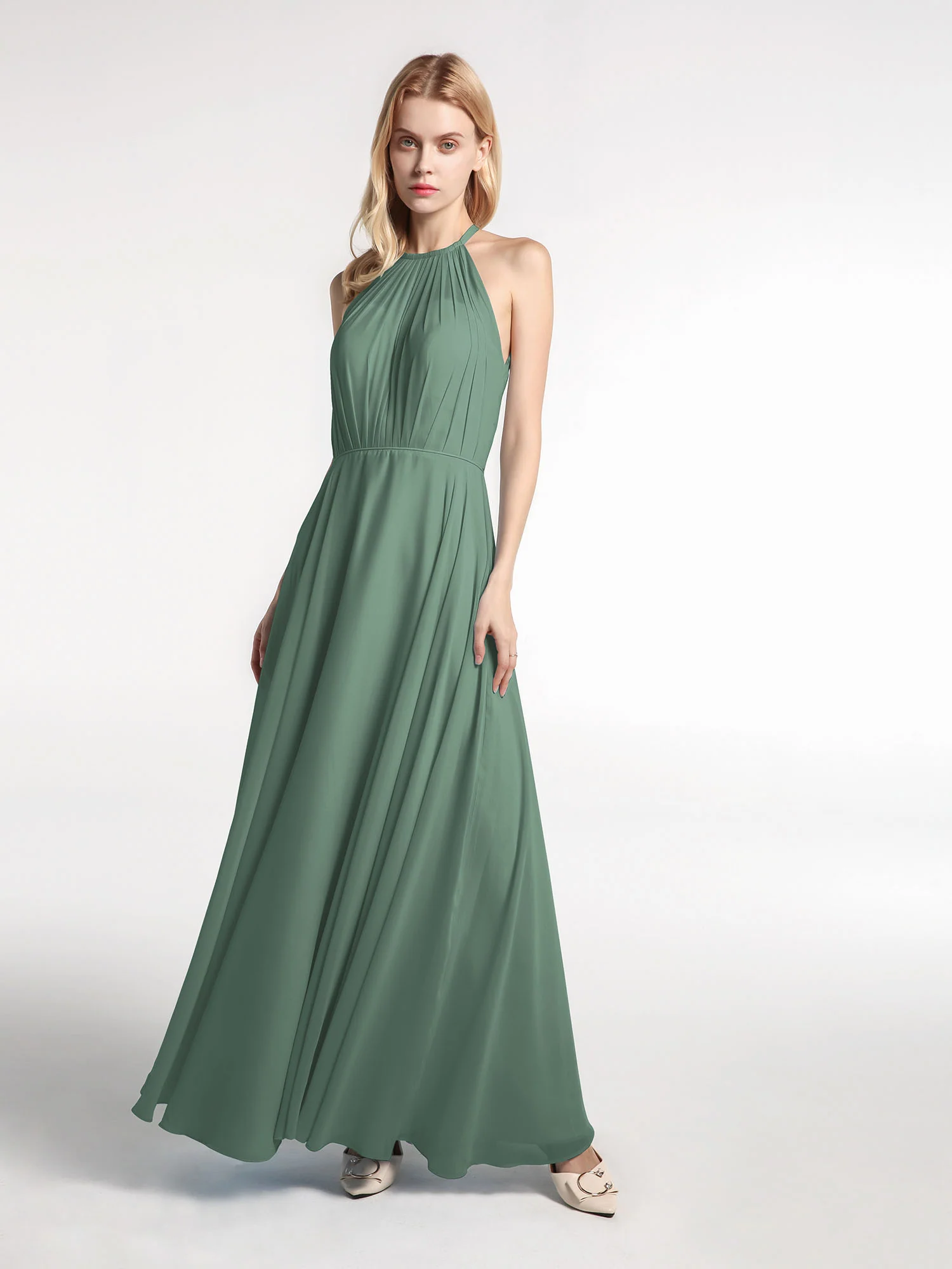 Halter Neck Chiffon Maxi Dress with Circle Skirt-Eucalyptus