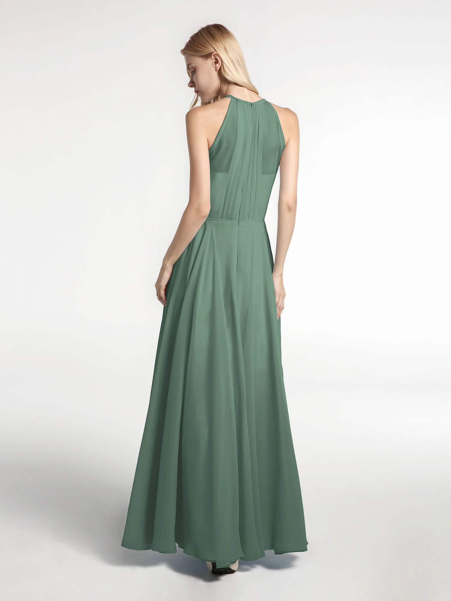 Halter Neck Chiffon Maxi Dress with Circle Skirt-Eucalyptus - Image 2