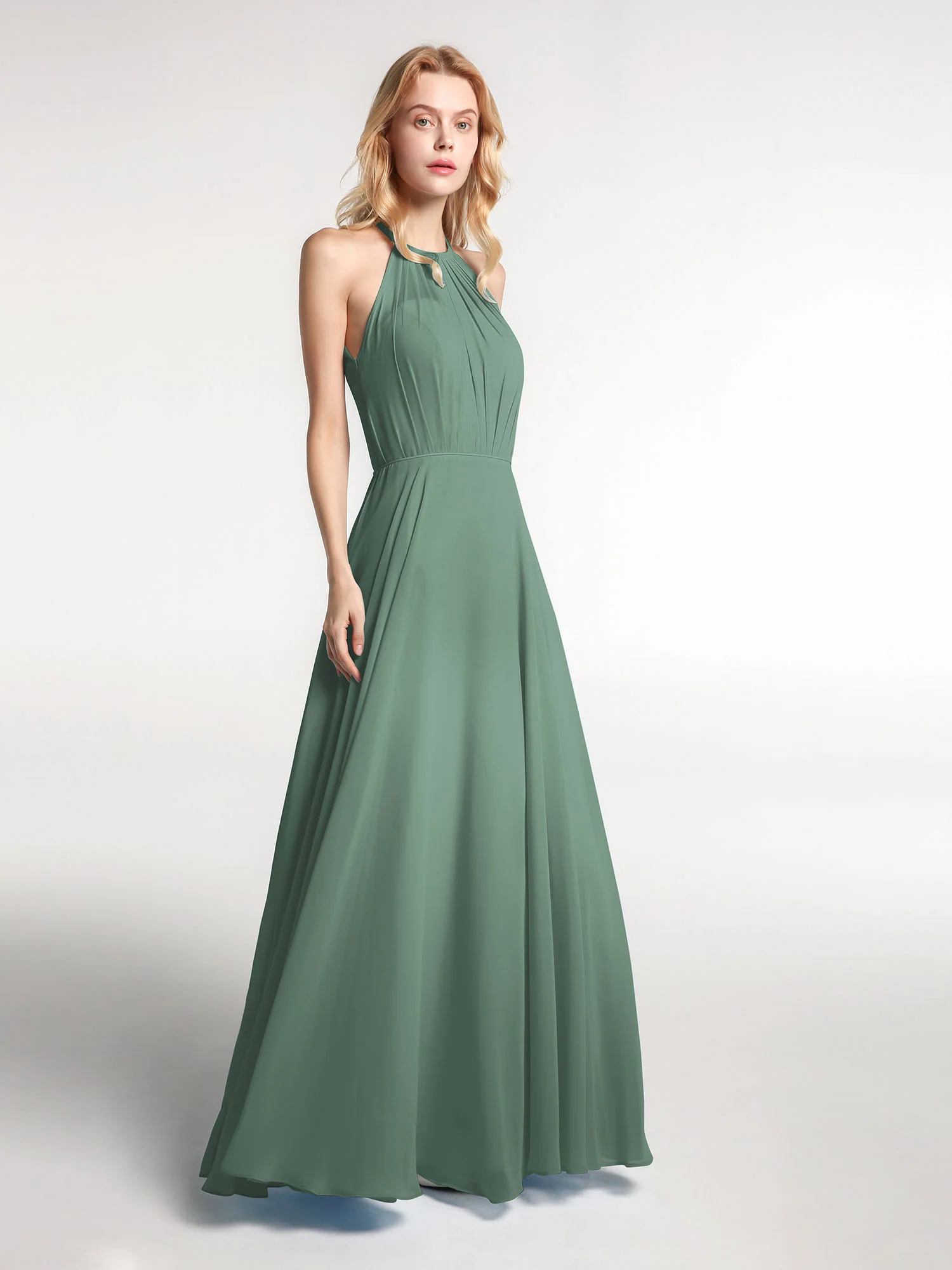 Halter Neck Chiffon Maxi Dress with Circle Skirt-Eucalyptus - Image 3
