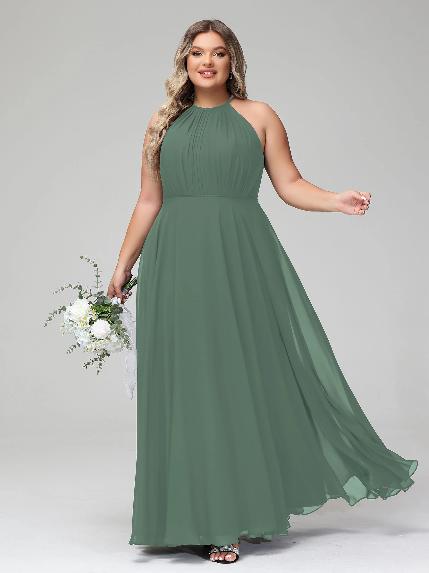 Halter Neck Chiffon Maxi Dress with Circle Skirt-Eucalyptus - Image 4