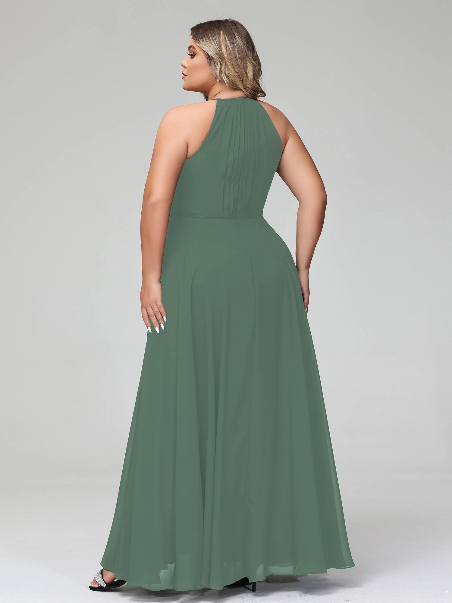 Halter Neck Chiffon Maxi Dress with Circle Skirt-Eucalyptus - Image 5