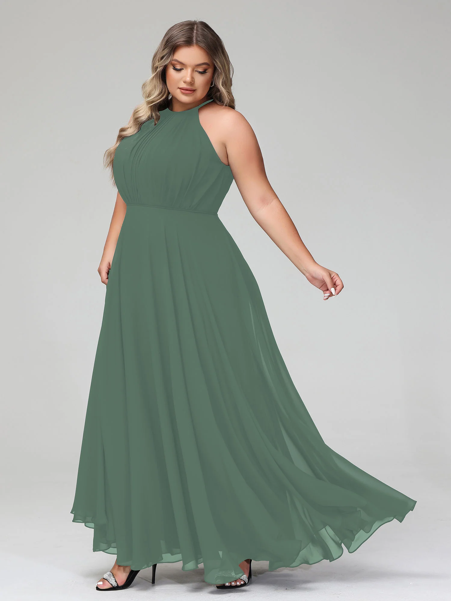 Halter Neck Chiffon Maxi Dress with Circle Skirt-Eucalyptus - Image 6