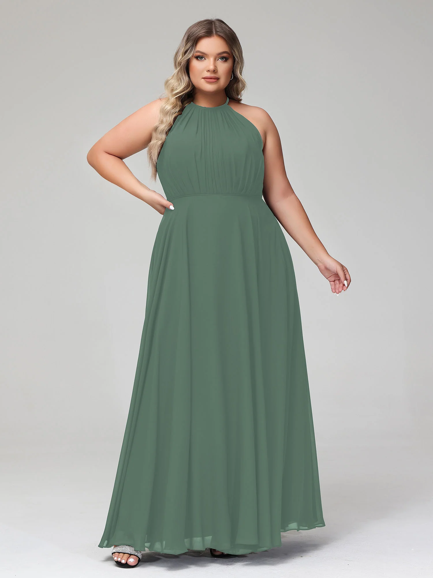 Halter Neck Chiffon Maxi Dress with Circle Skirt-Eucalyptus - Image 7