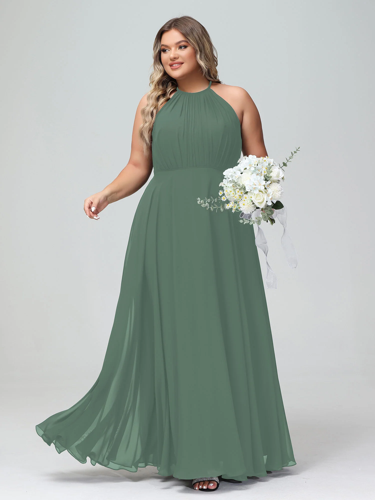 Halter Neck Chiffon Maxi Dress with Circle Skirt-Eucalyptus - Image 8