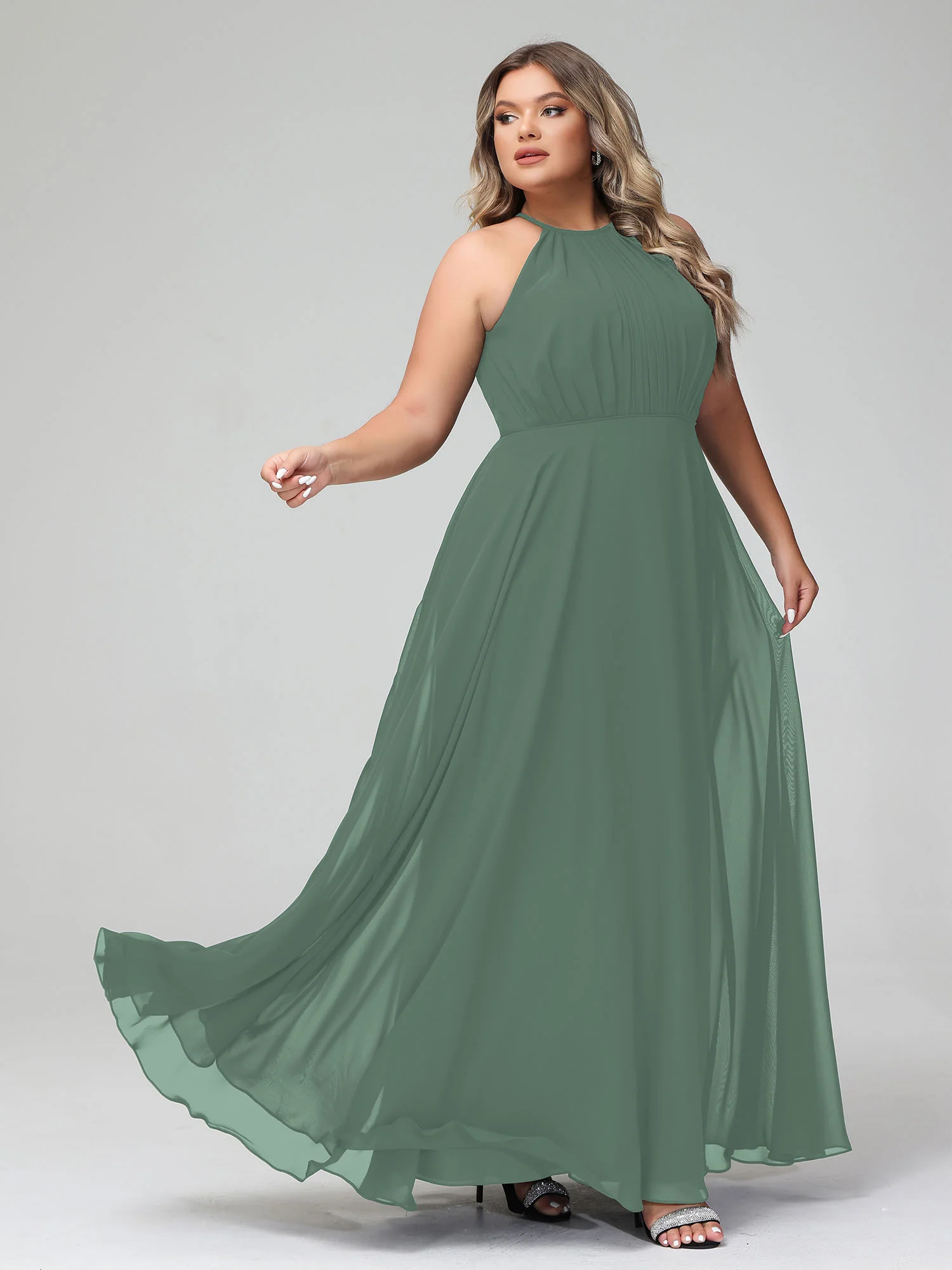 Halter Neck Chiffon Maxi Dress with Circle Skirt-Eucalyptus - Image 9