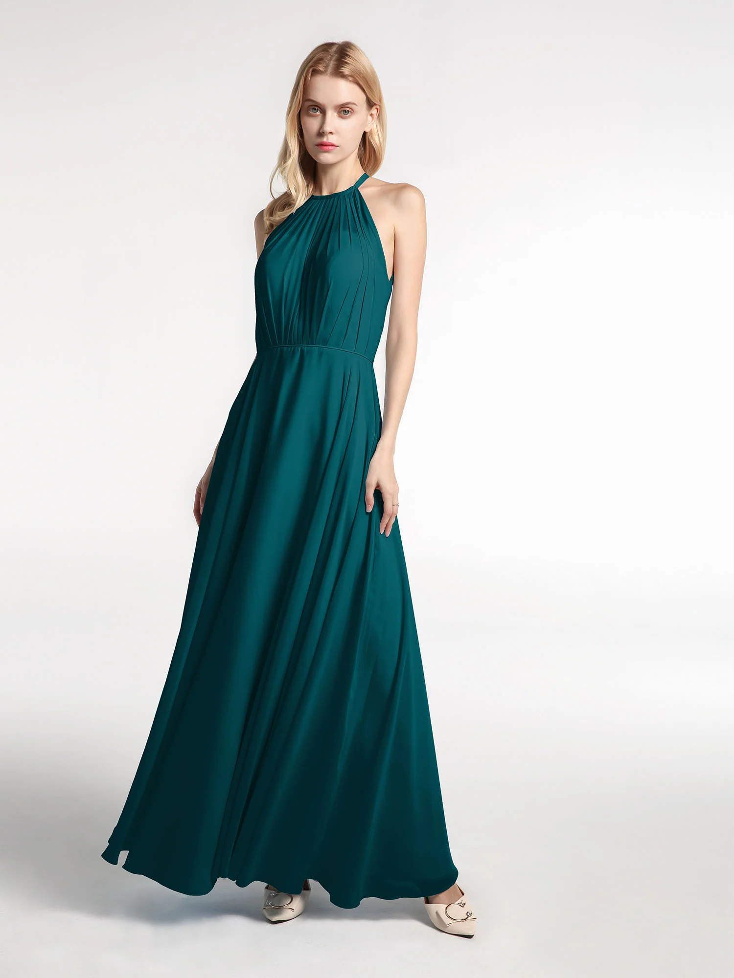 Halter Neck Chiffon Maxi Dress with Circle Skirt-Pine