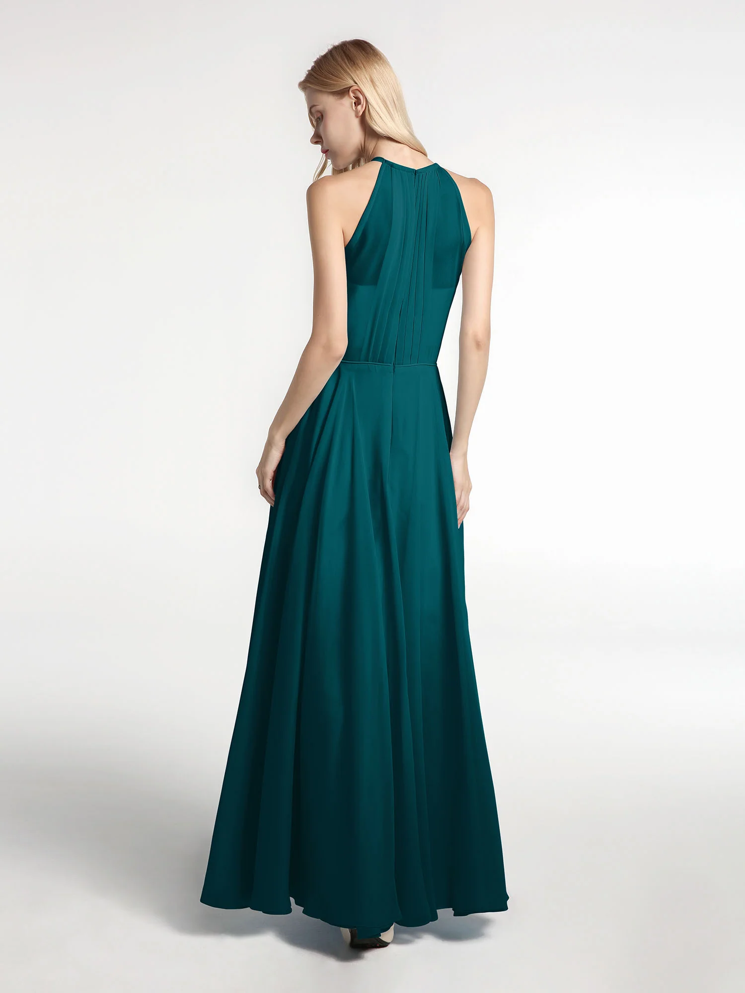Halter Neck Chiffon Maxi Dress with Circle Skirt-Pine - Image 2