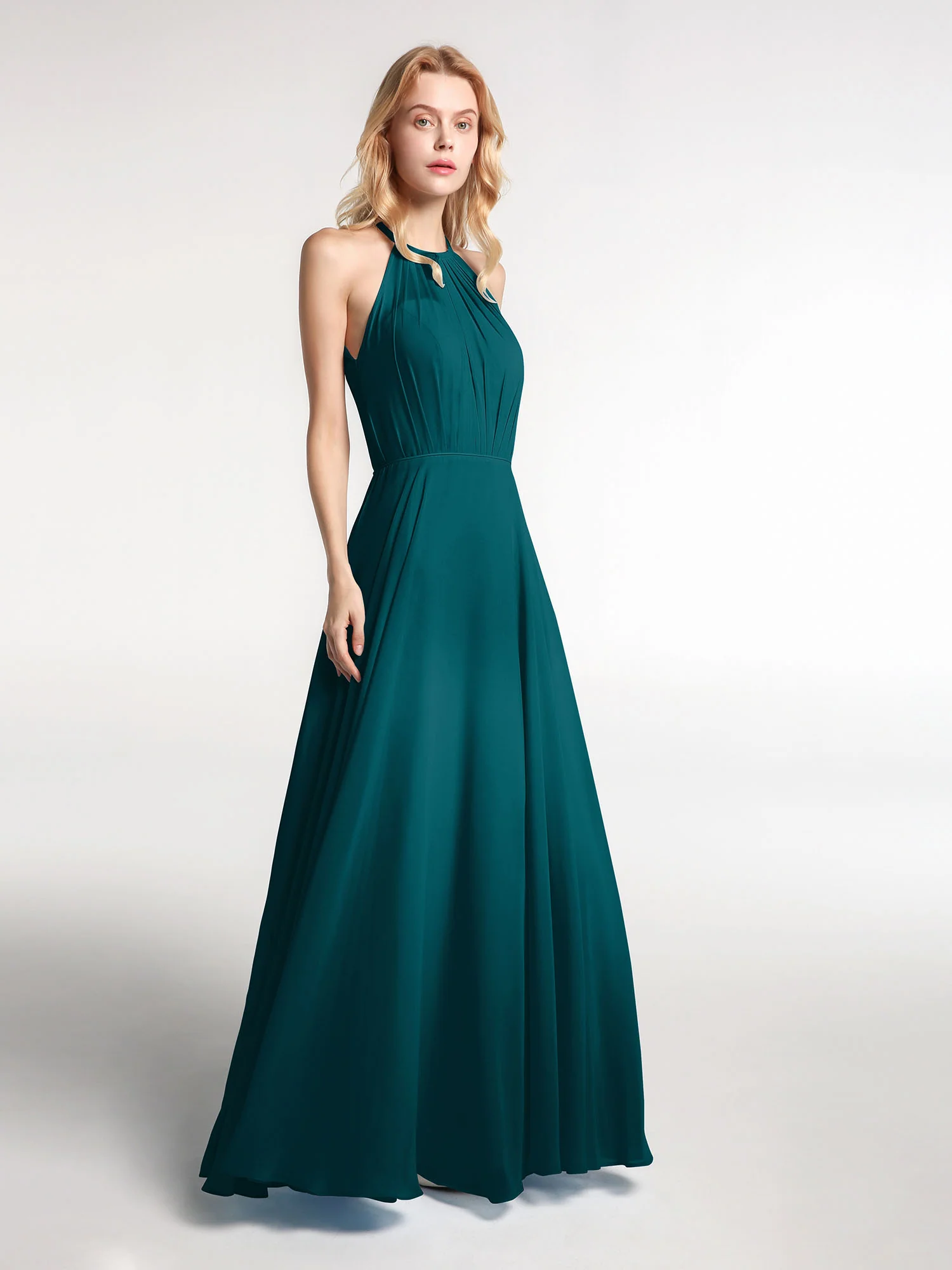 Halter Neck Chiffon Maxi Dress with Circle Skirt-Pine - Image 3
