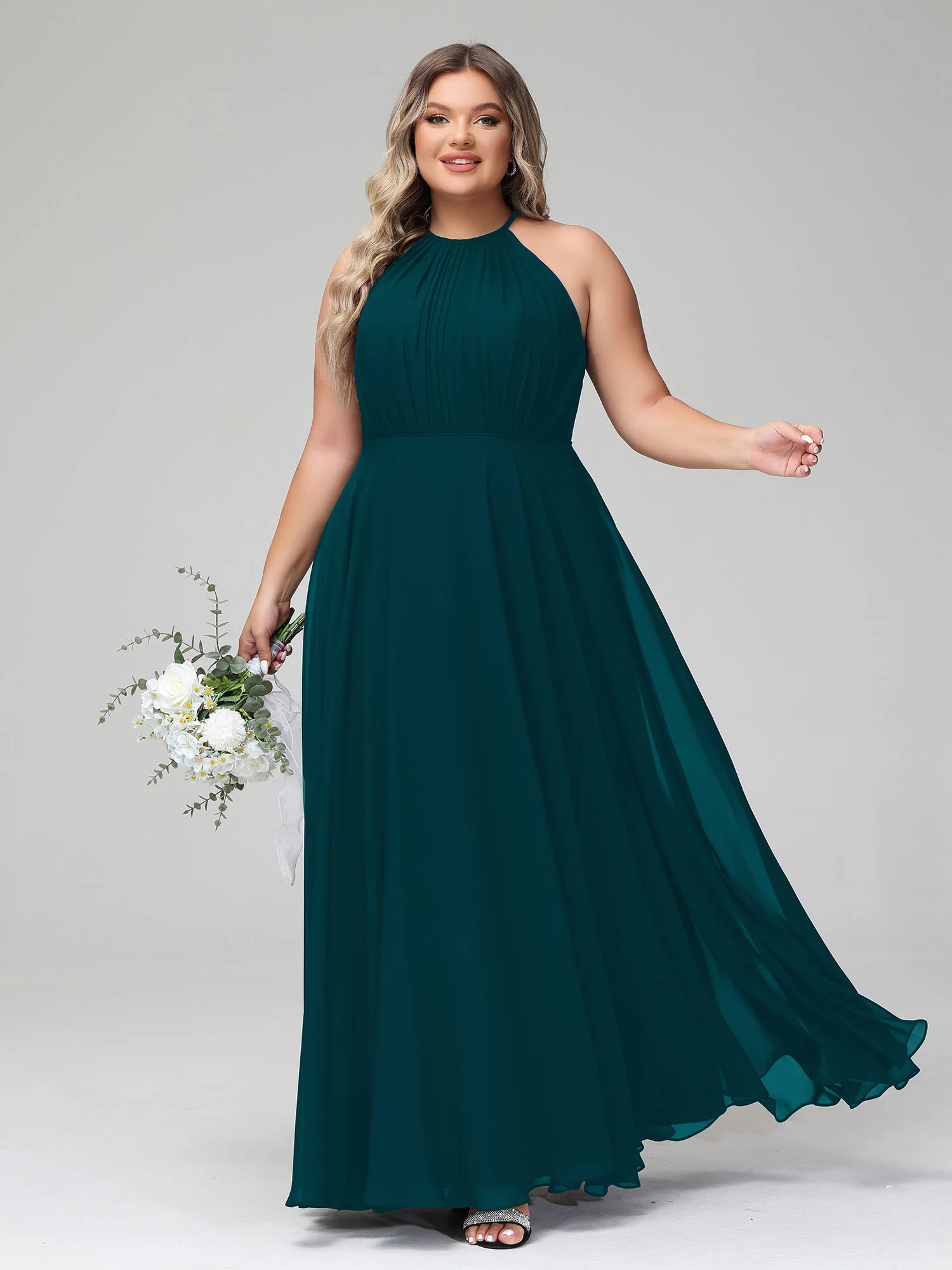 Halter Neck Chiffon Maxi Dress with Circle Skirt-Pine - Image 4