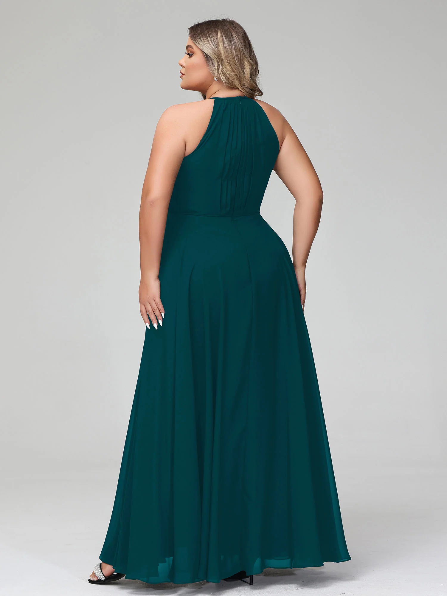 Halter Neck Chiffon Maxi Dress with Circle Skirt-Pine - Image 5