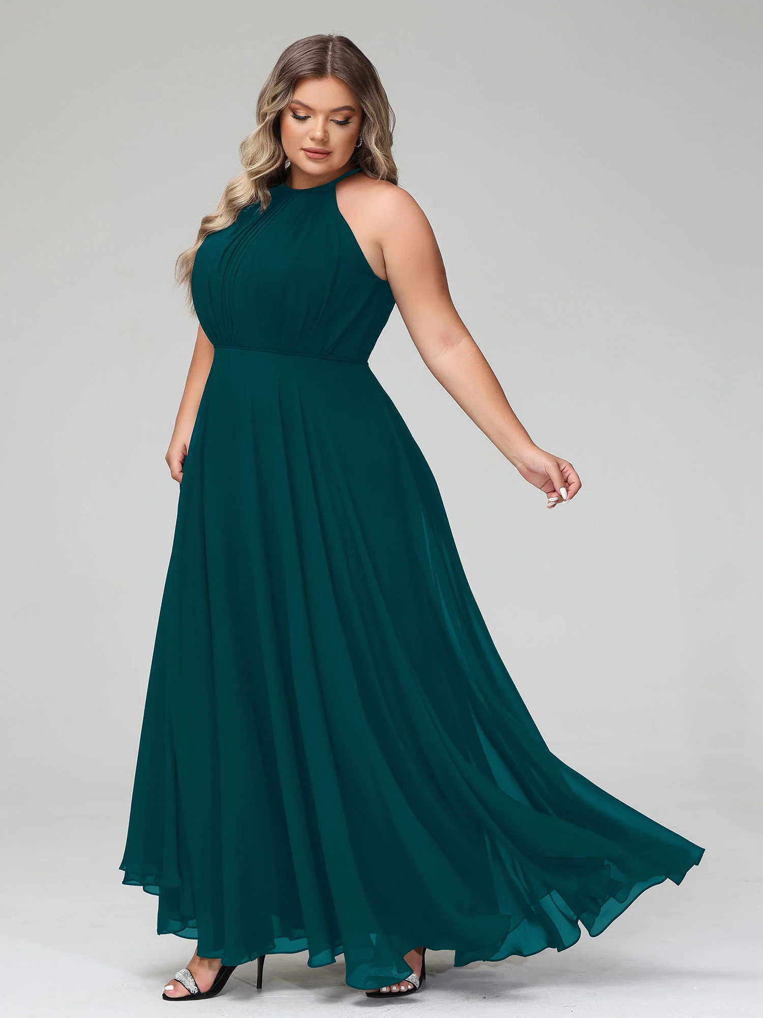 Halter Neck Chiffon Maxi Dress with Circle Skirt-Pine - Image 6