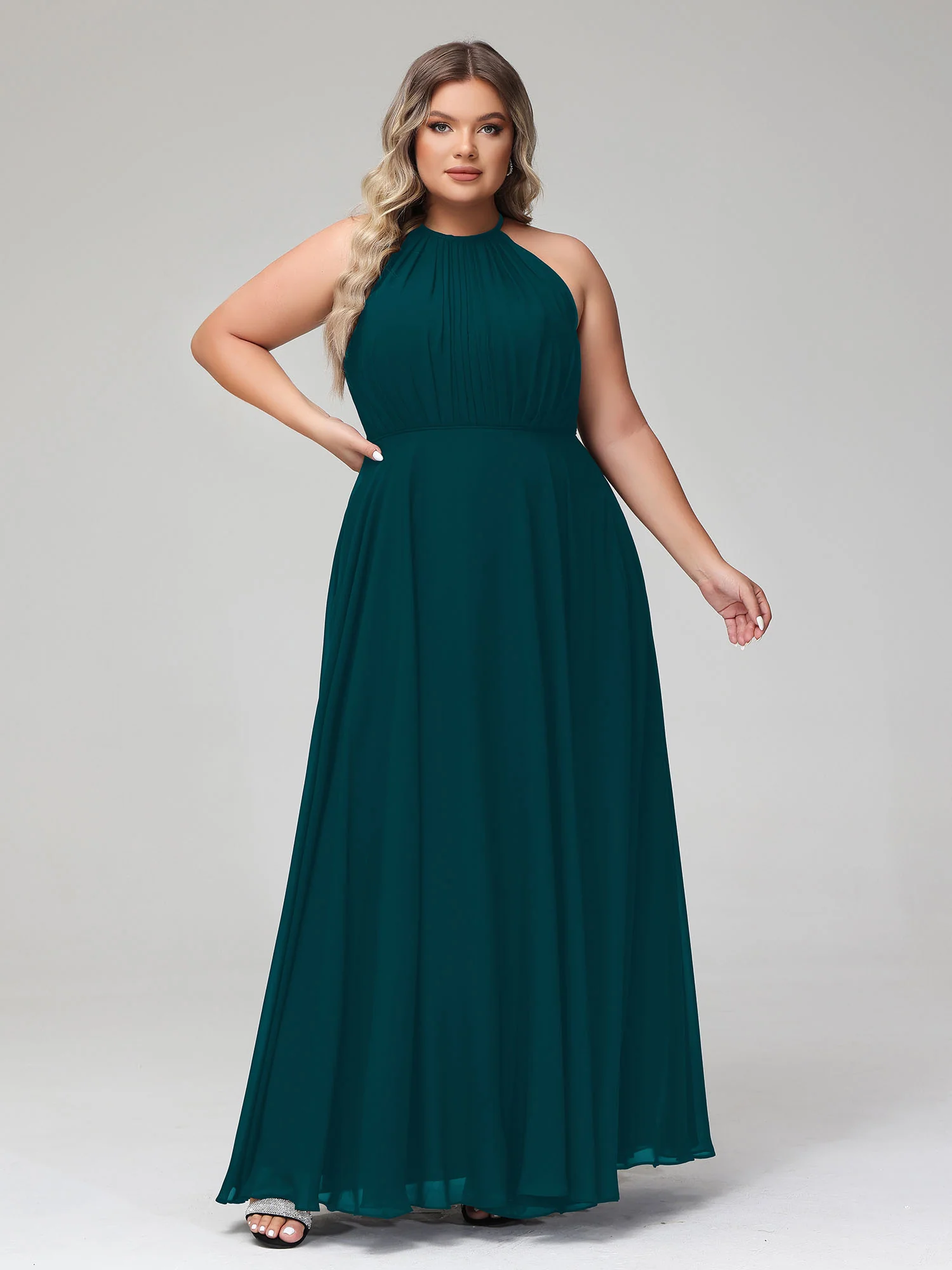 Halter Neck Chiffon Maxi Dress with Circle Skirt-Pine - Image 7