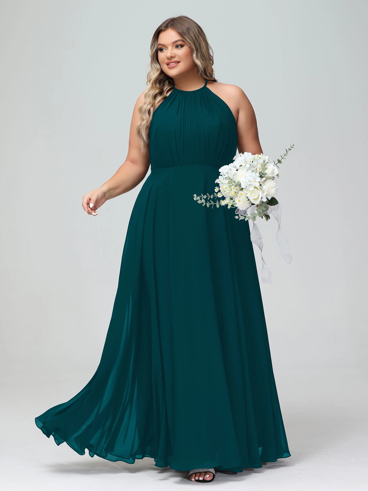 Halter Neck Chiffon Maxi Dress with Circle Skirt-Pine - Image 8