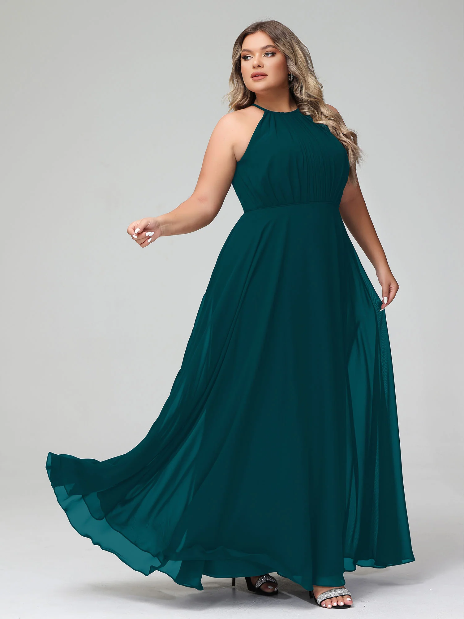 Halter Neck Chiffon Maxi Dress with Circle Skirt-Pine - Image 9