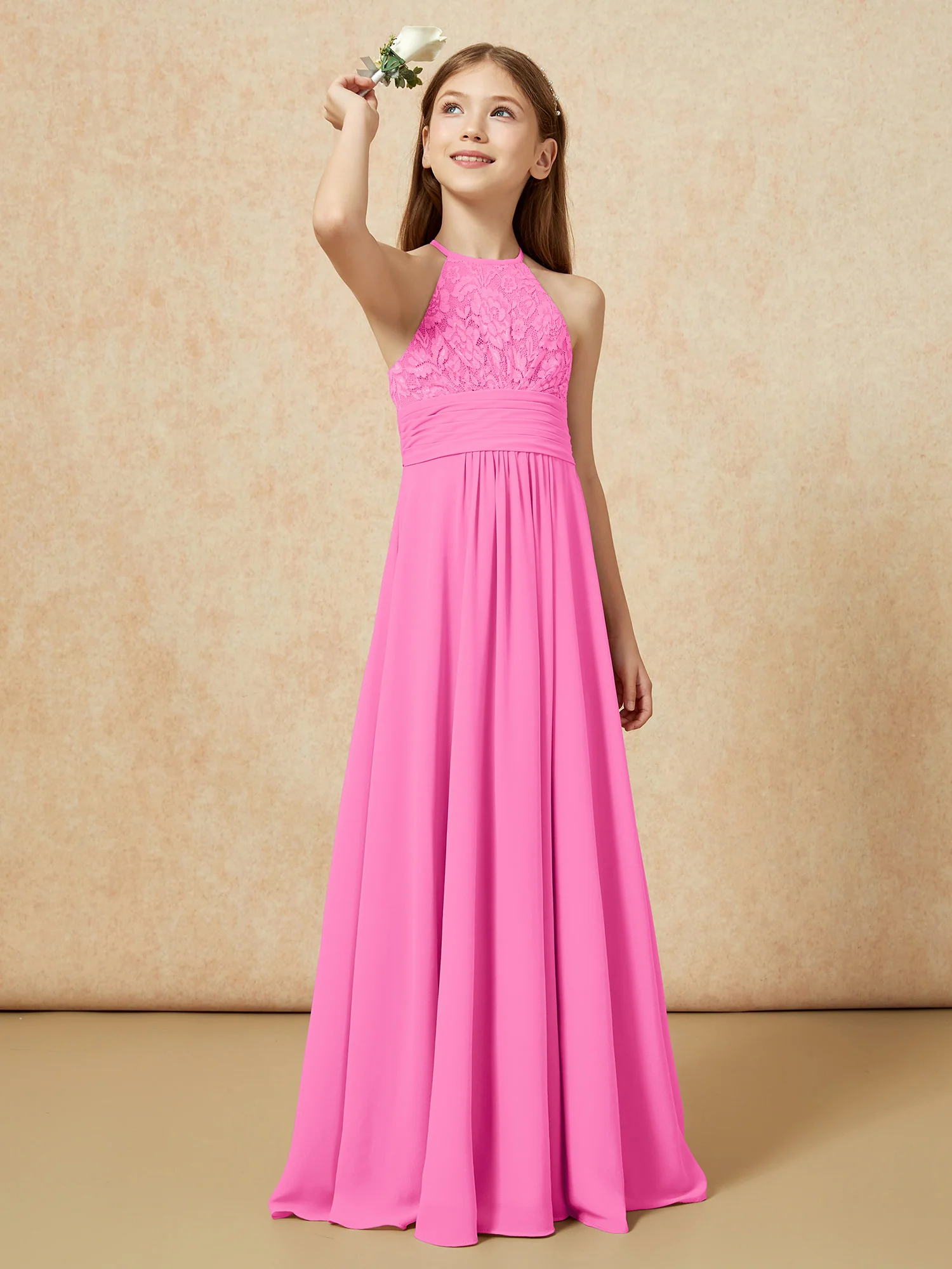 Halter Neck Lace Top Chiffon Junior Bridesmaid Dress Azalea