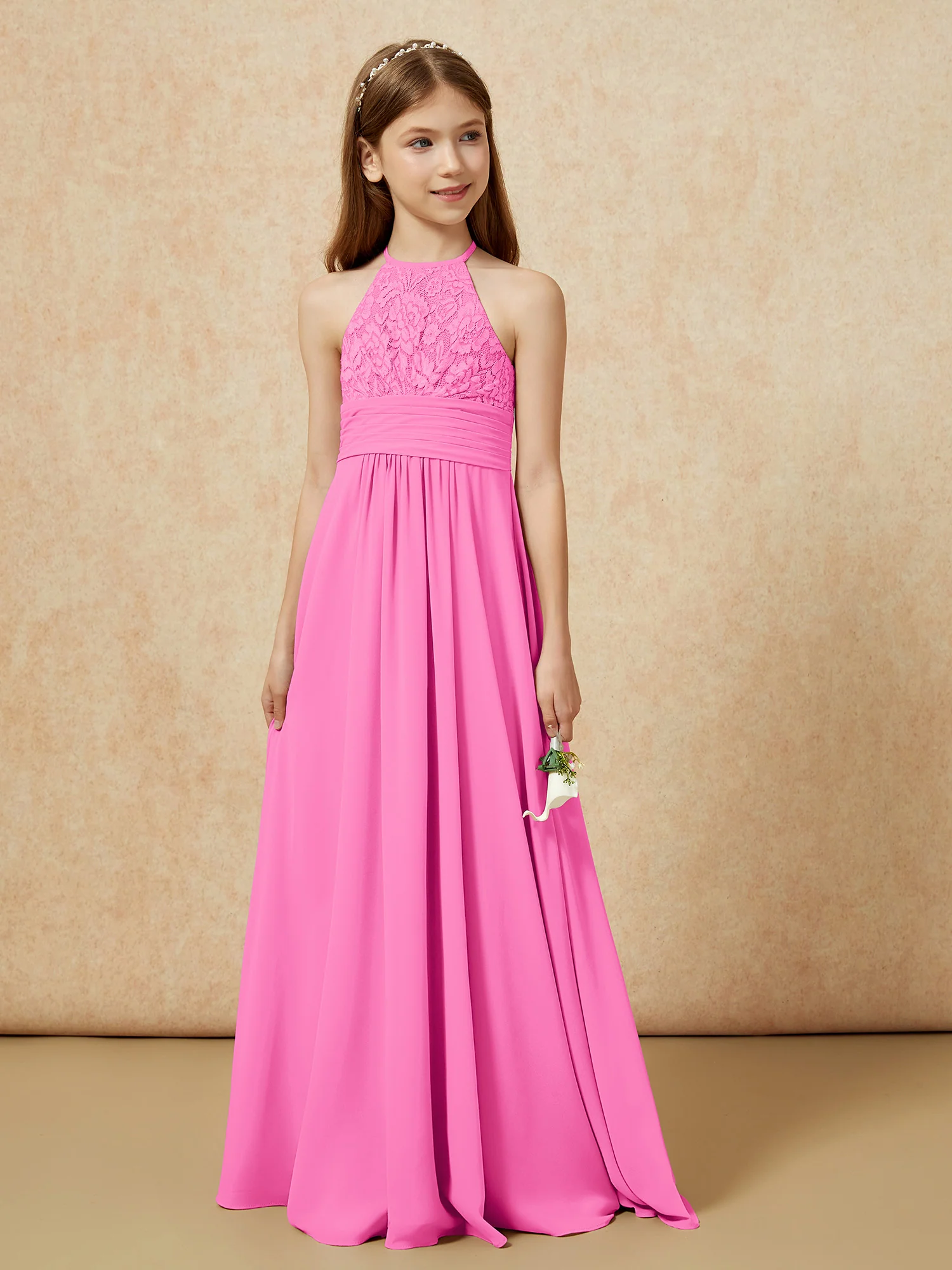 Halter Neck Lace Top Chiffon Junior Bridesmaid Dress Azalea - Image 5
