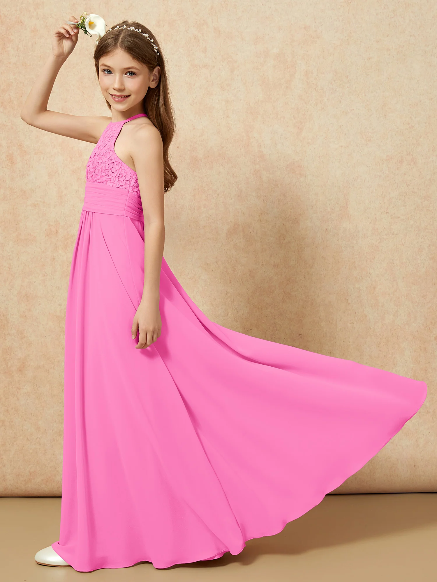 Halter Neck Lace Top Chiffon Junior Bridesmaid Dress Azalea - Image 6