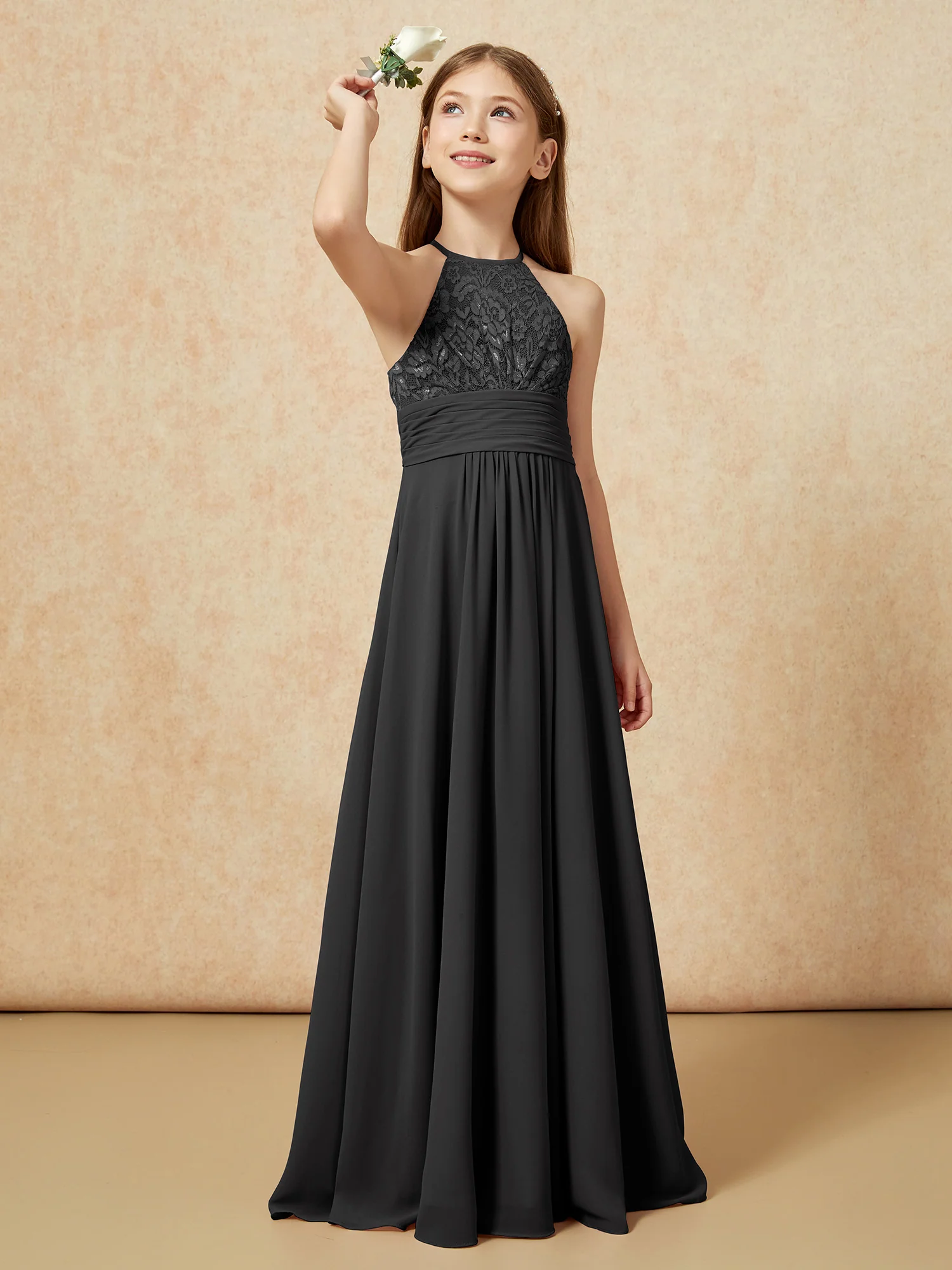 Halter Neck Lace Top Chiffon Junior Bridesmaid Dress Black