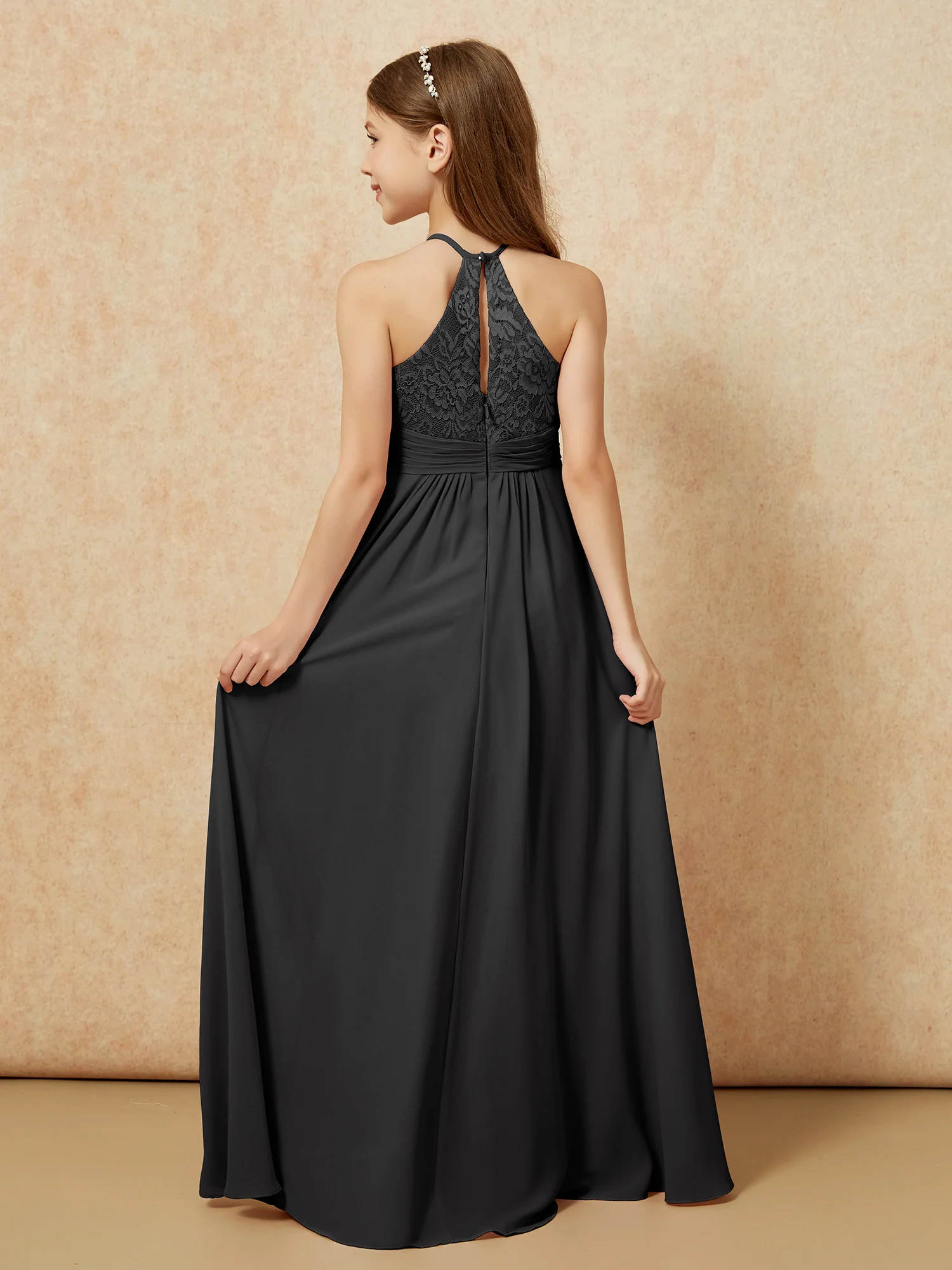 Halter Neck Lace Top Chiffon Junior Bridesmaid Dress Black - Image 2