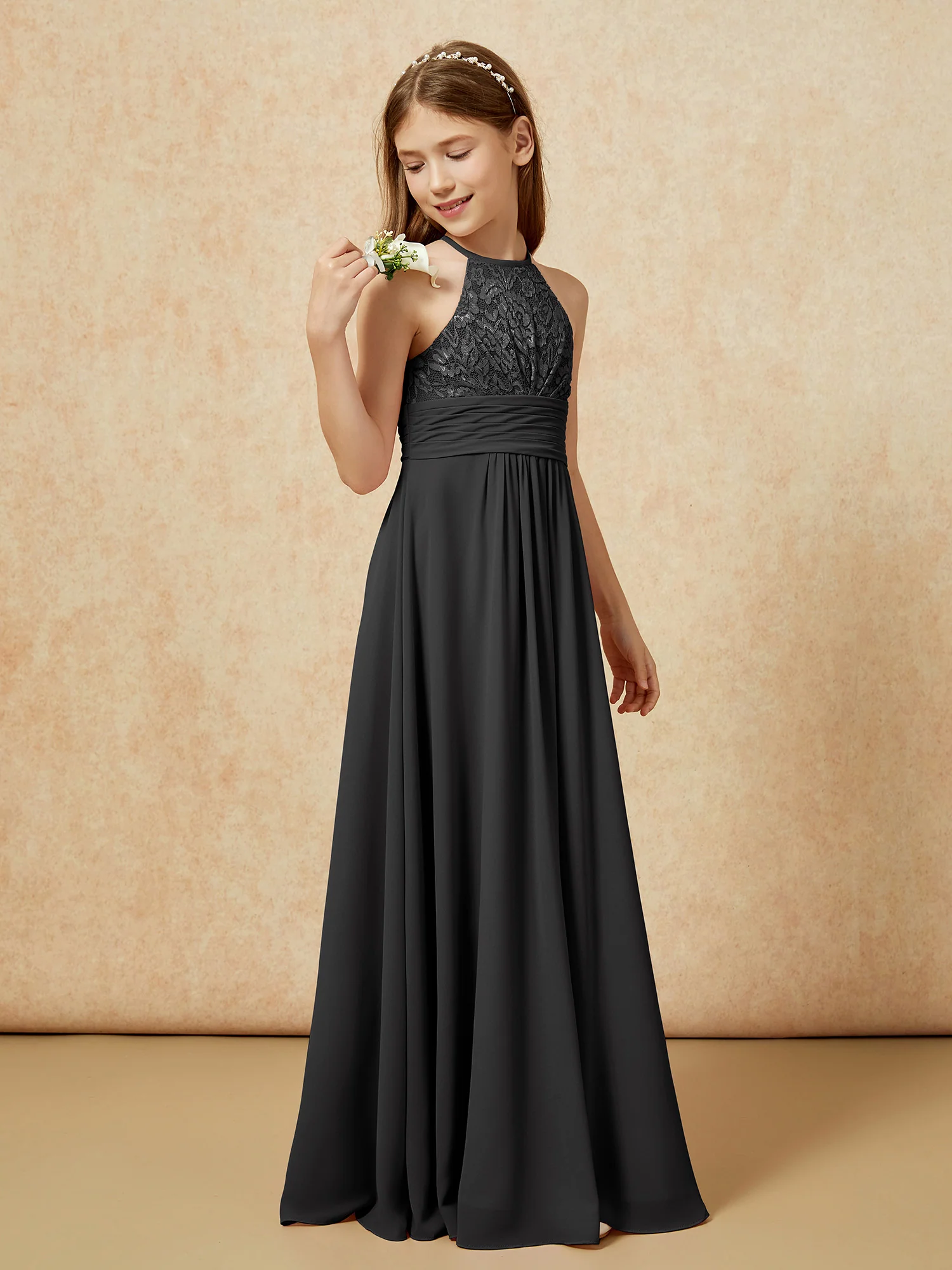 Halter Neck Lace Top Chiffon Junior Bridesmaid Dress Black - Image 3