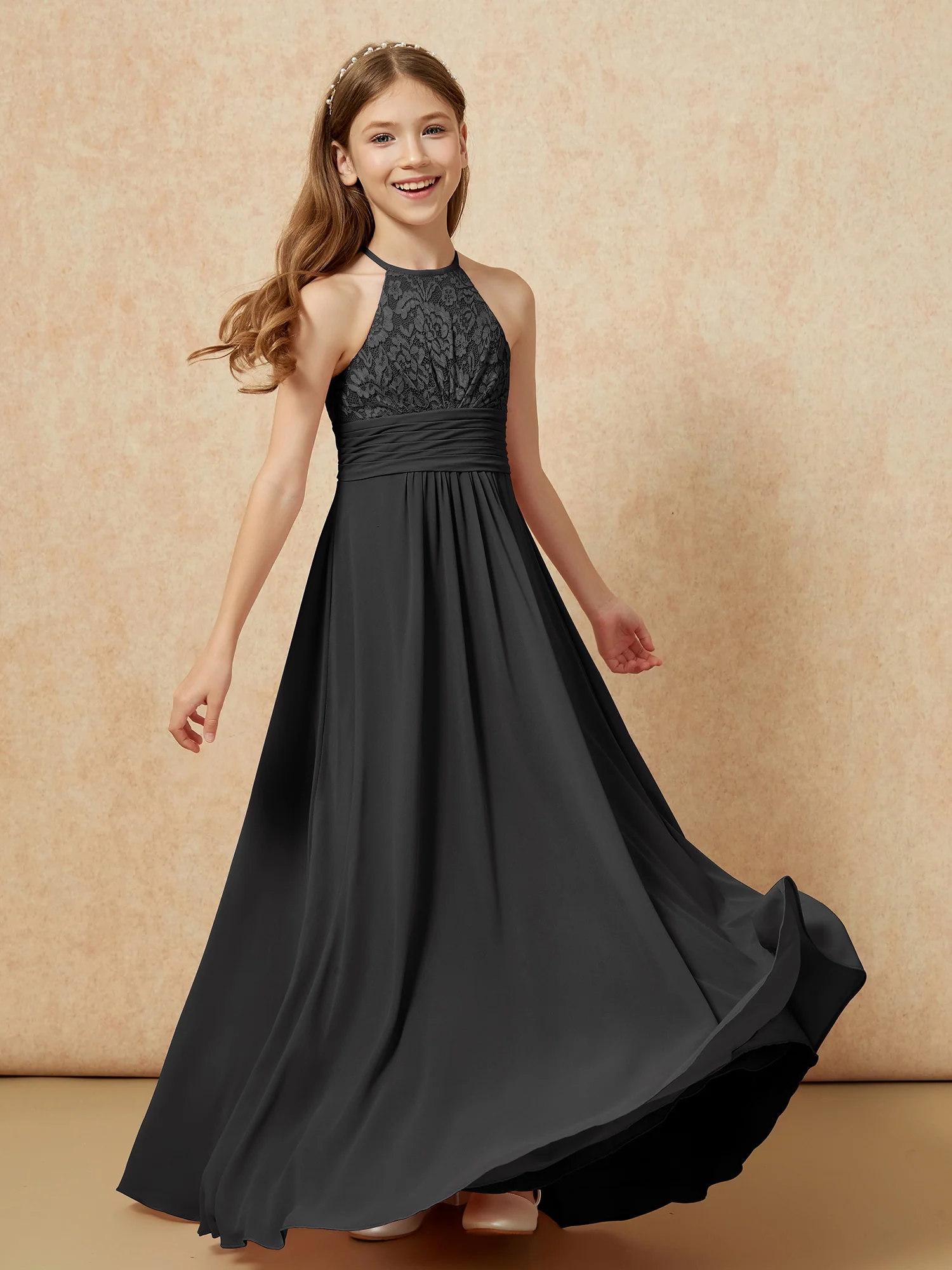 Halter Neck Lace Top Chiffon Junior Bridesmaid Dress Black - Image 4