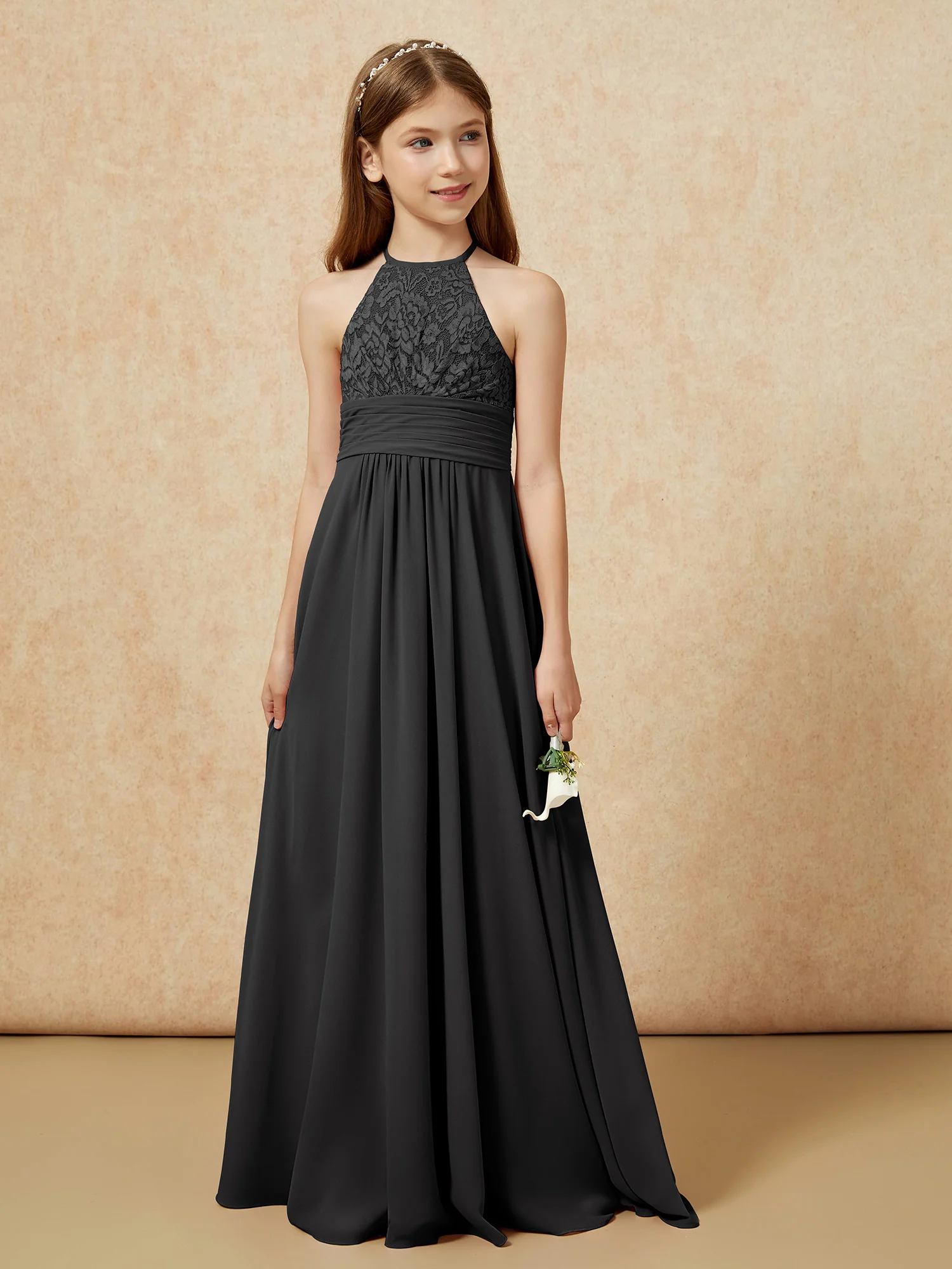 Halter Neck Lace Top Chiffon Junior Bridesmaid Dress Black - Image 5