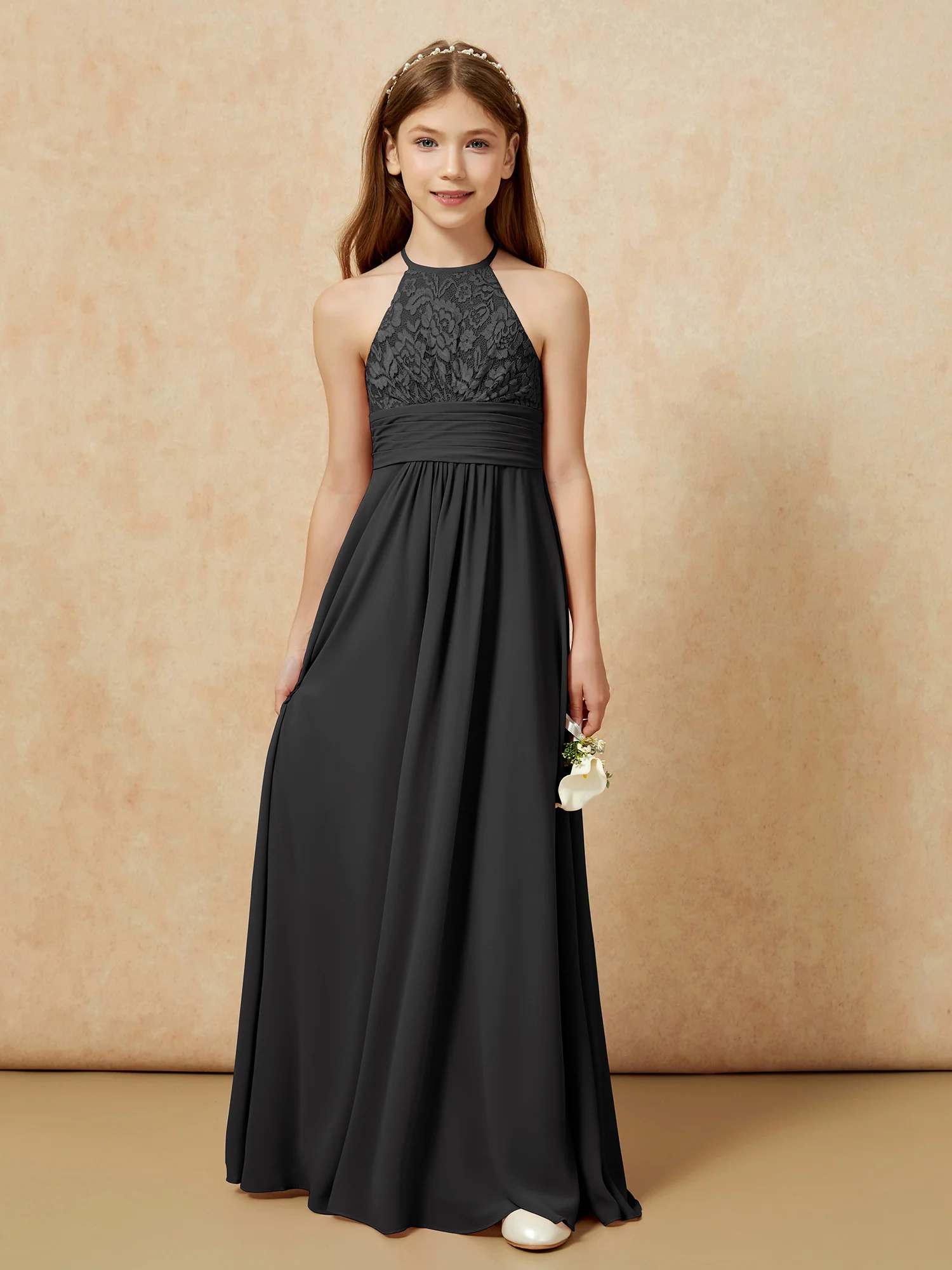 Halter Neck Lace Top Chiffon Junior Bridesmaid Dress Black - Image 7