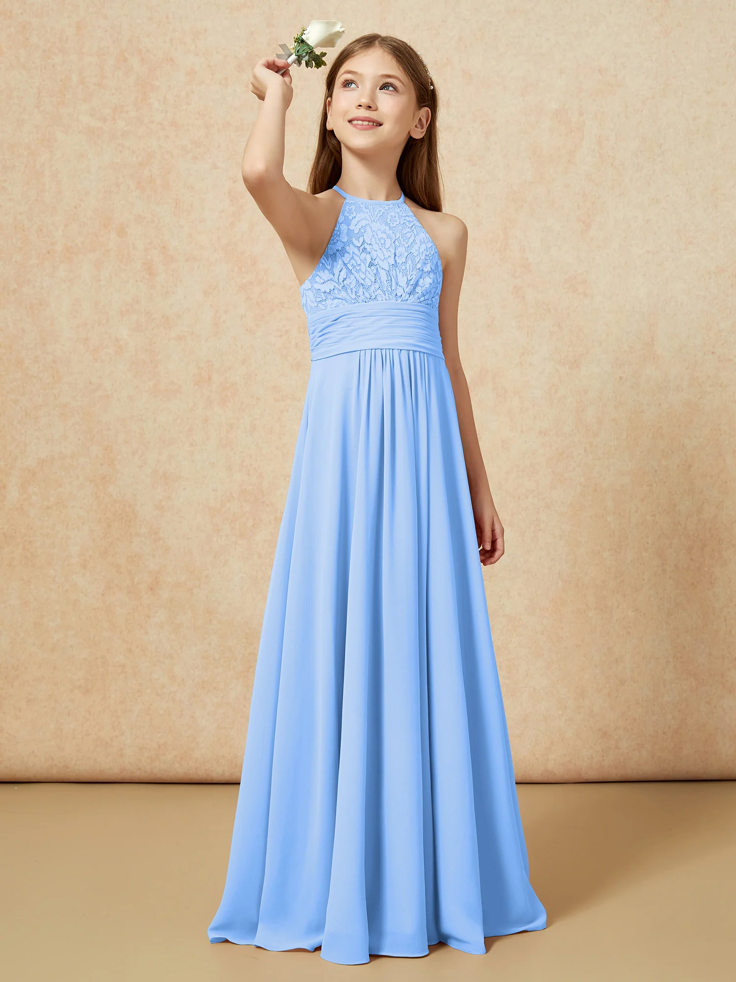 Halter Neck Lace Top Chiffon Junior Bridesmaid Dress Blue