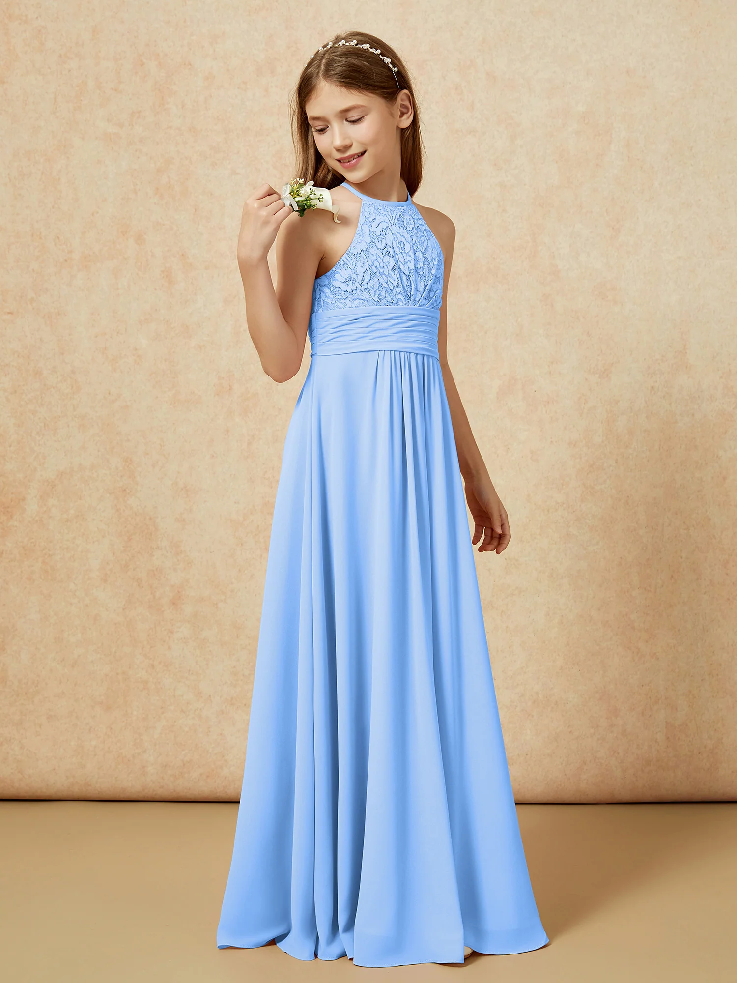 Halter Neck Lace Top Chiffon Junior Bridesmaid Dress Blue - Image 3