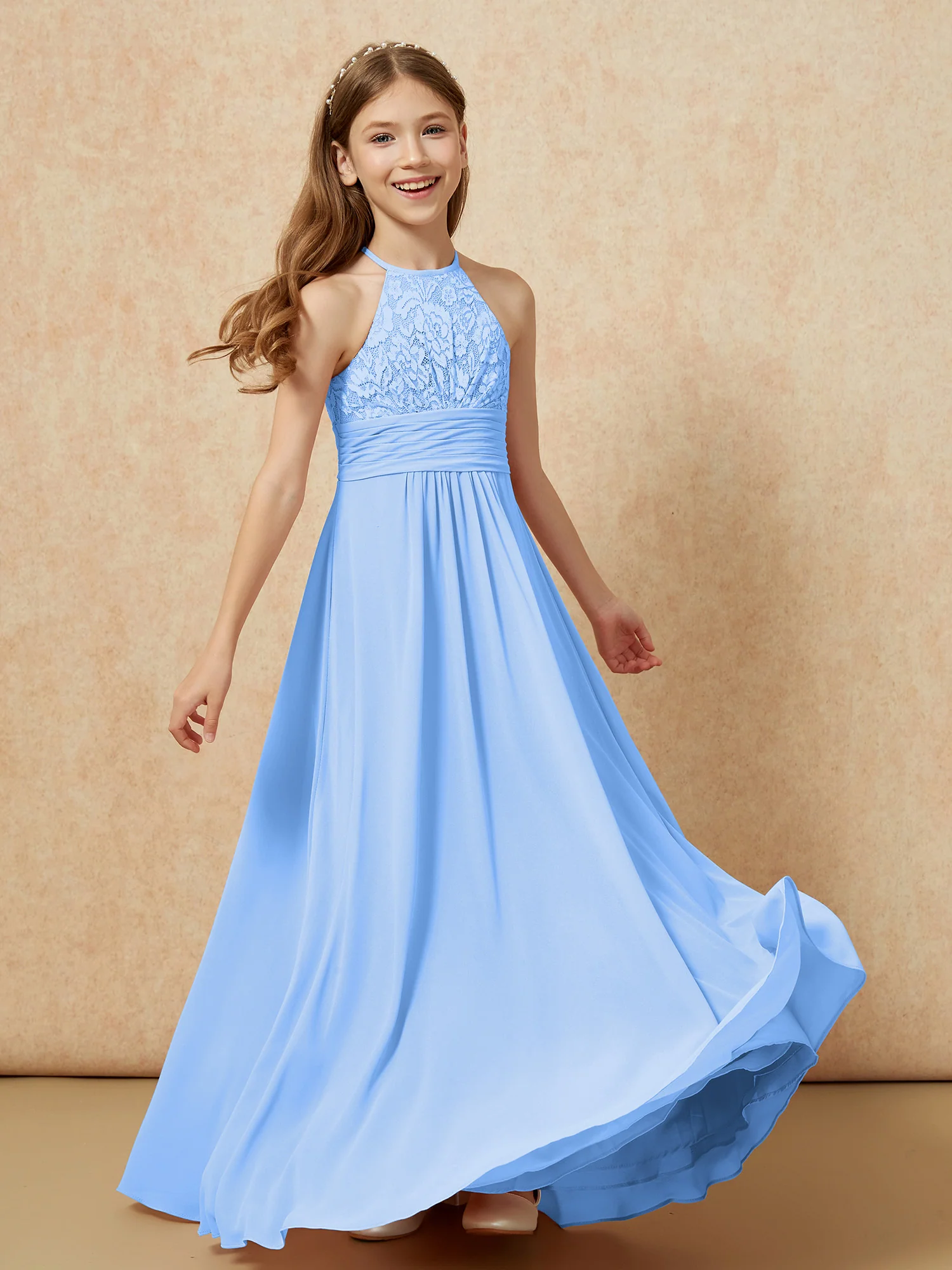 Halter Neck Lace Top Chiffon Junior Bridesmaid Dress Blue - Image 4