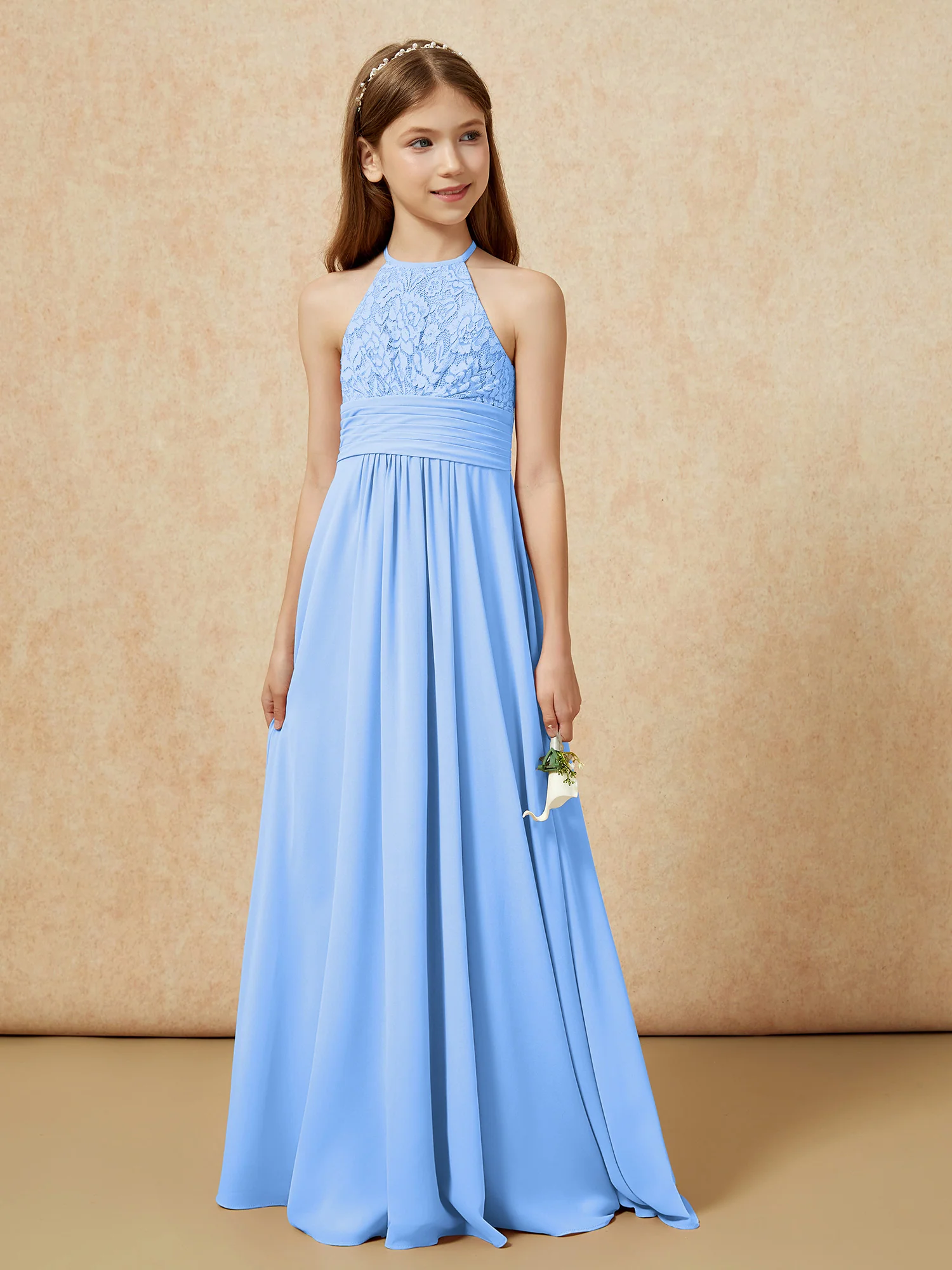 Halter Neck Lace Top Chiffon Junior Bridesmaid Dress Blue - Image 5