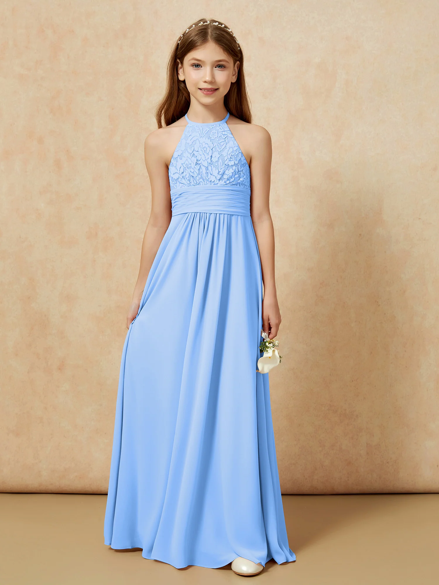 Halter Neck Lace Top Chiffon Junior Bridesmaid Dress Blue - Image 7