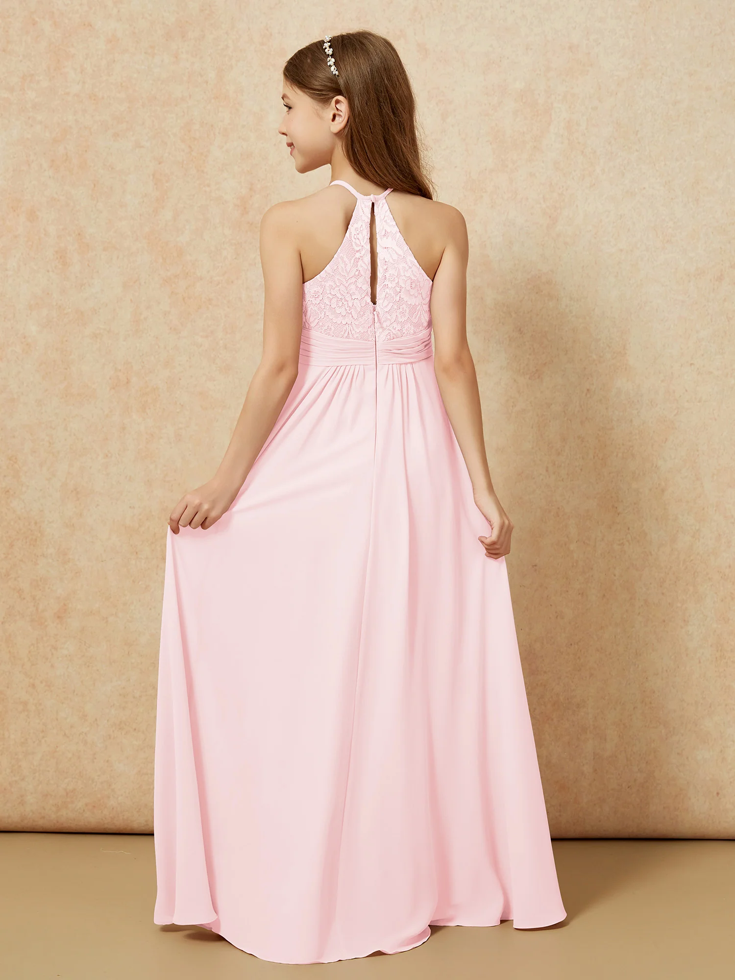 Halter Neck Lace Top Chiffon Junior Bridesmaid Dress Blushing Pink - Image 2