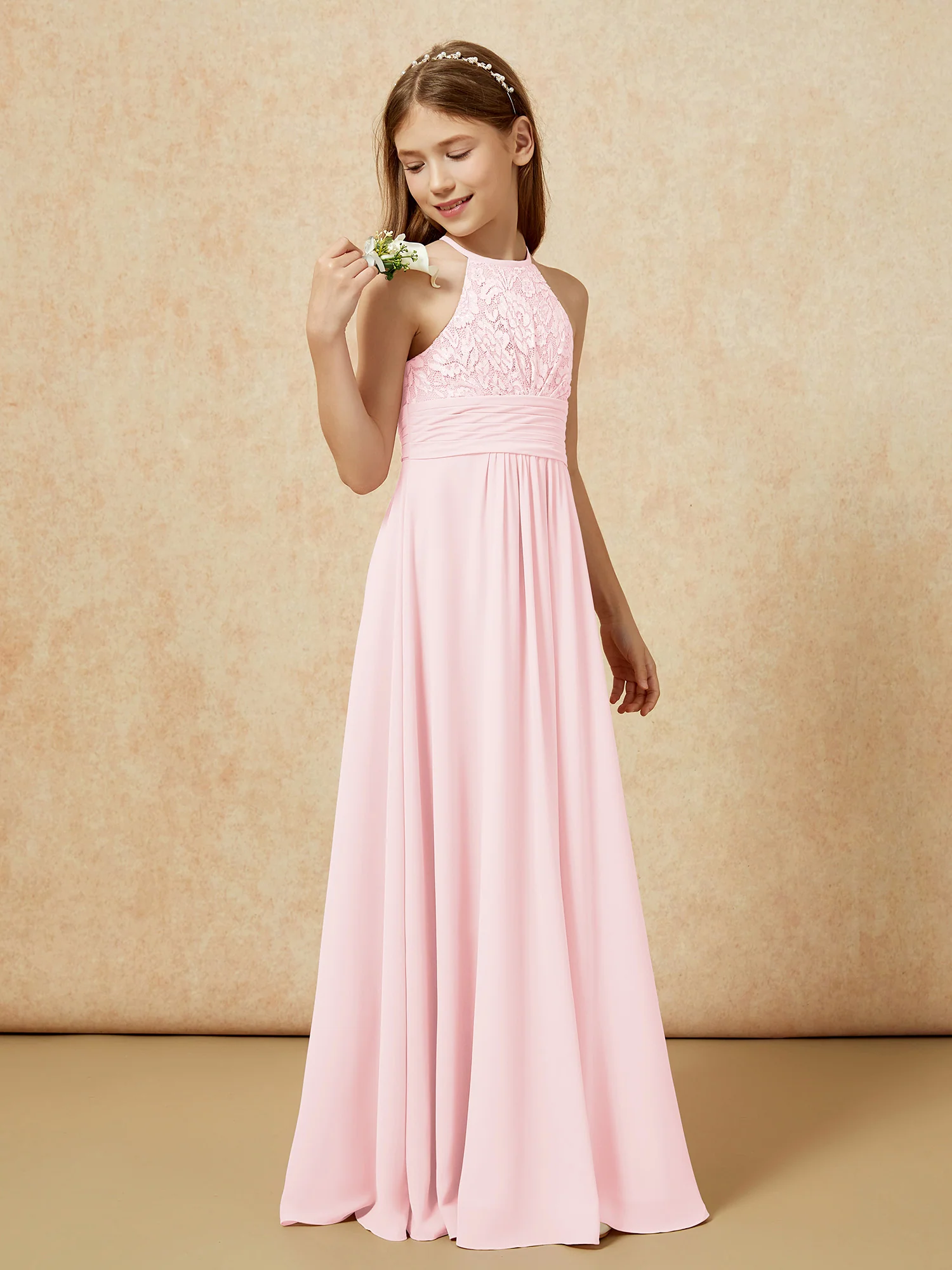 Halter Neck Lace Top Chiffon Junior Bridesmaid Dress Blushing Pink - Image 3