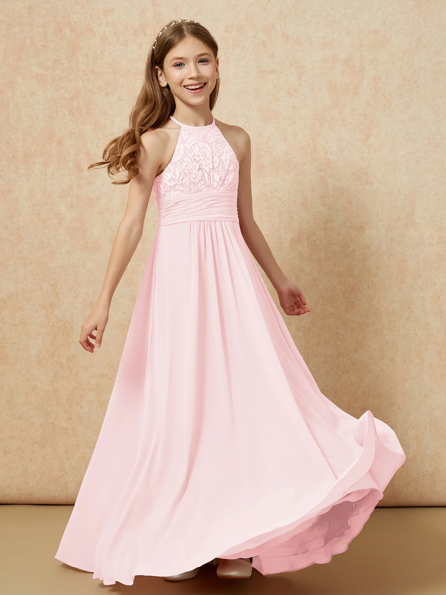 Halter Neck Lace Top Chiffon Junior Bridesmaid Dress Blushing Pink - Image 4