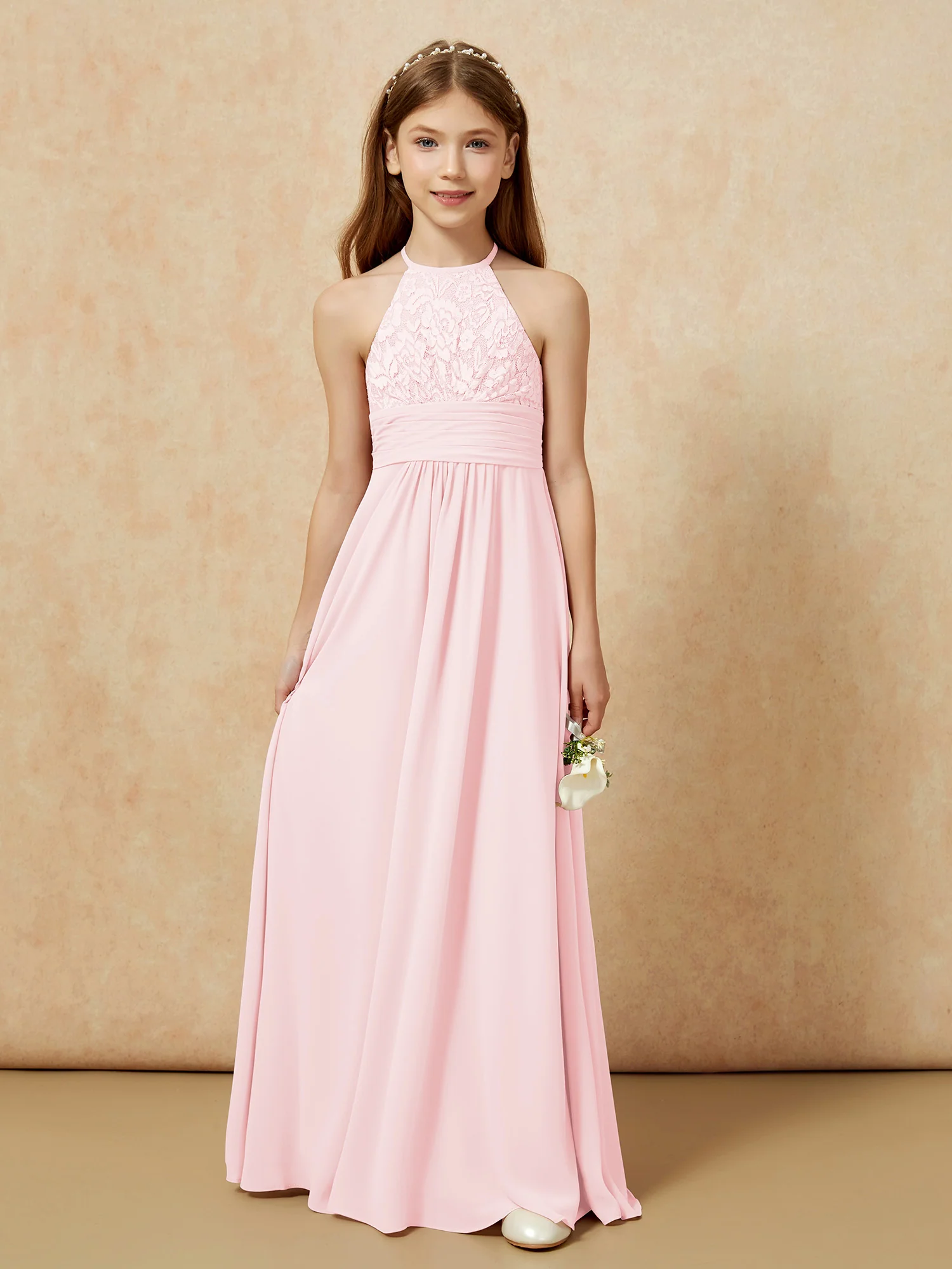 Halter Neck Lace Top Chiffon Junior Bridesmaid Dress Blushing Pink - Image 7