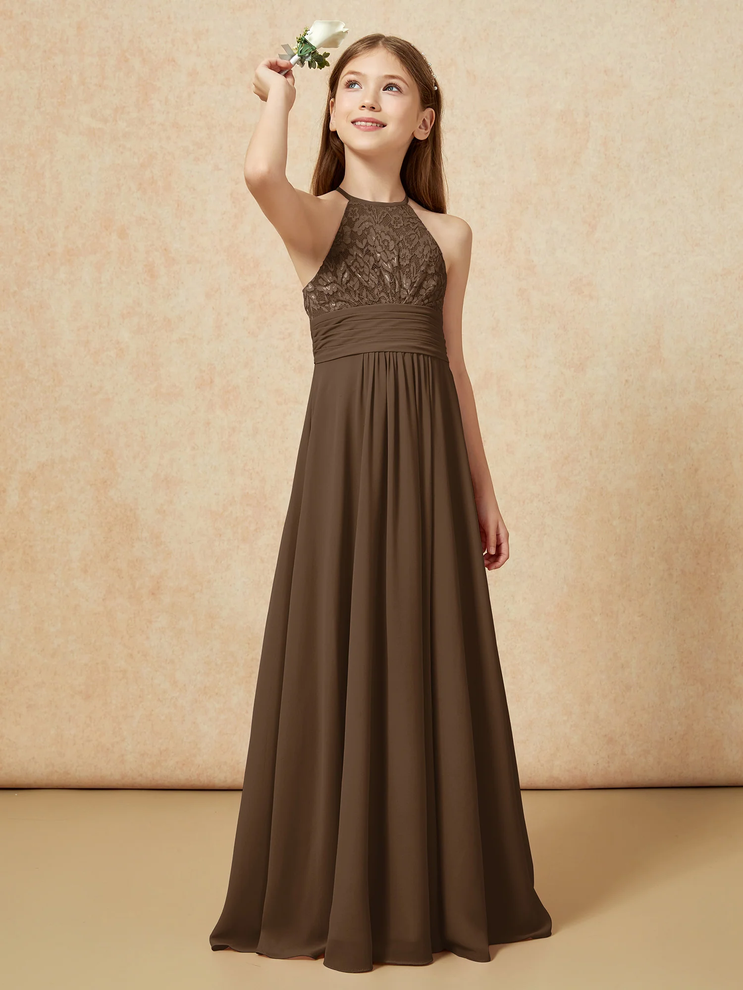 Halter Neck Lace Top Chiffon Junior Bridesmaid Dress Brown