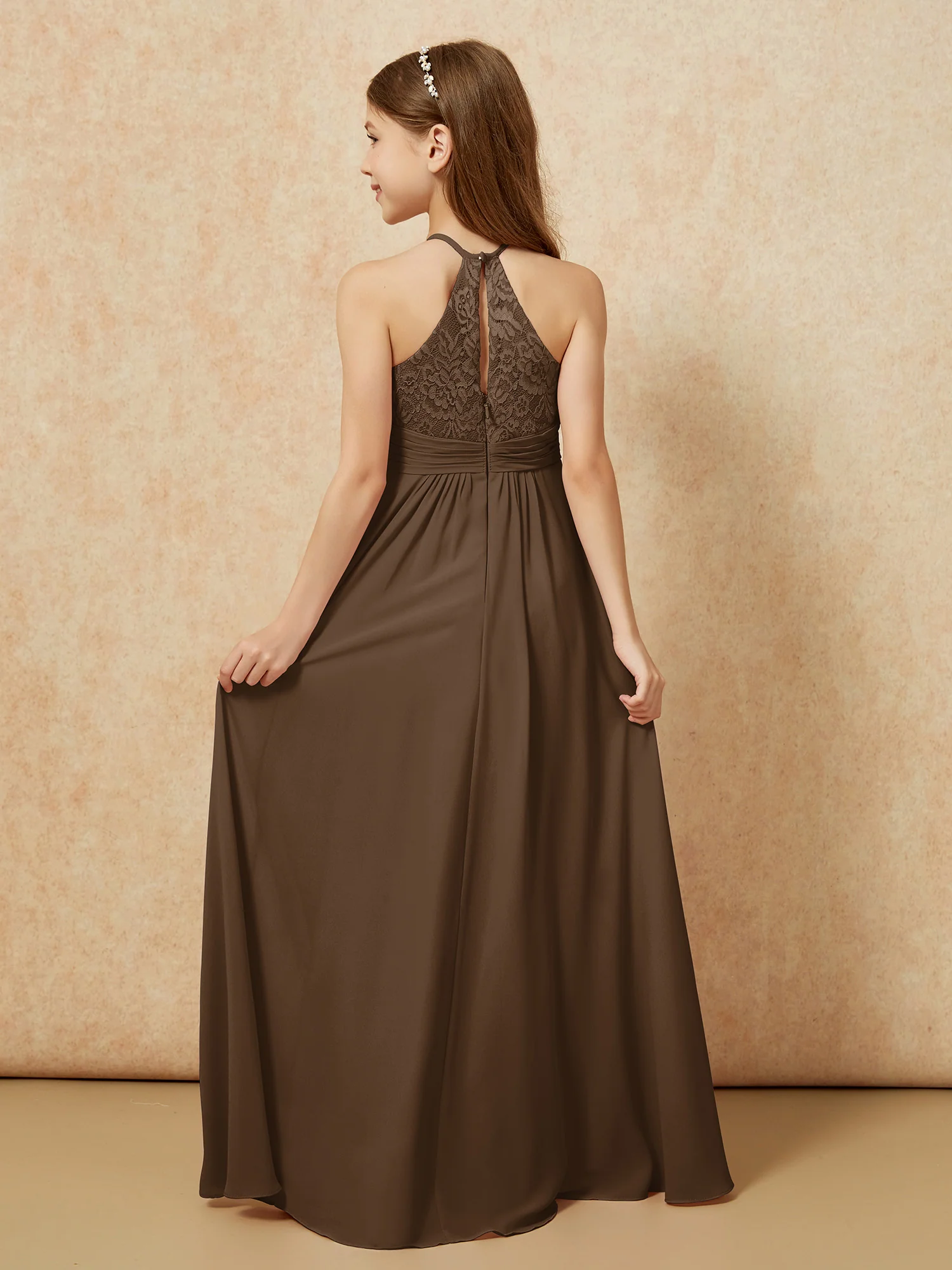 Halter Neck Lace Top Chiffon Junior Bridesmaid Dress Brown - Image 2