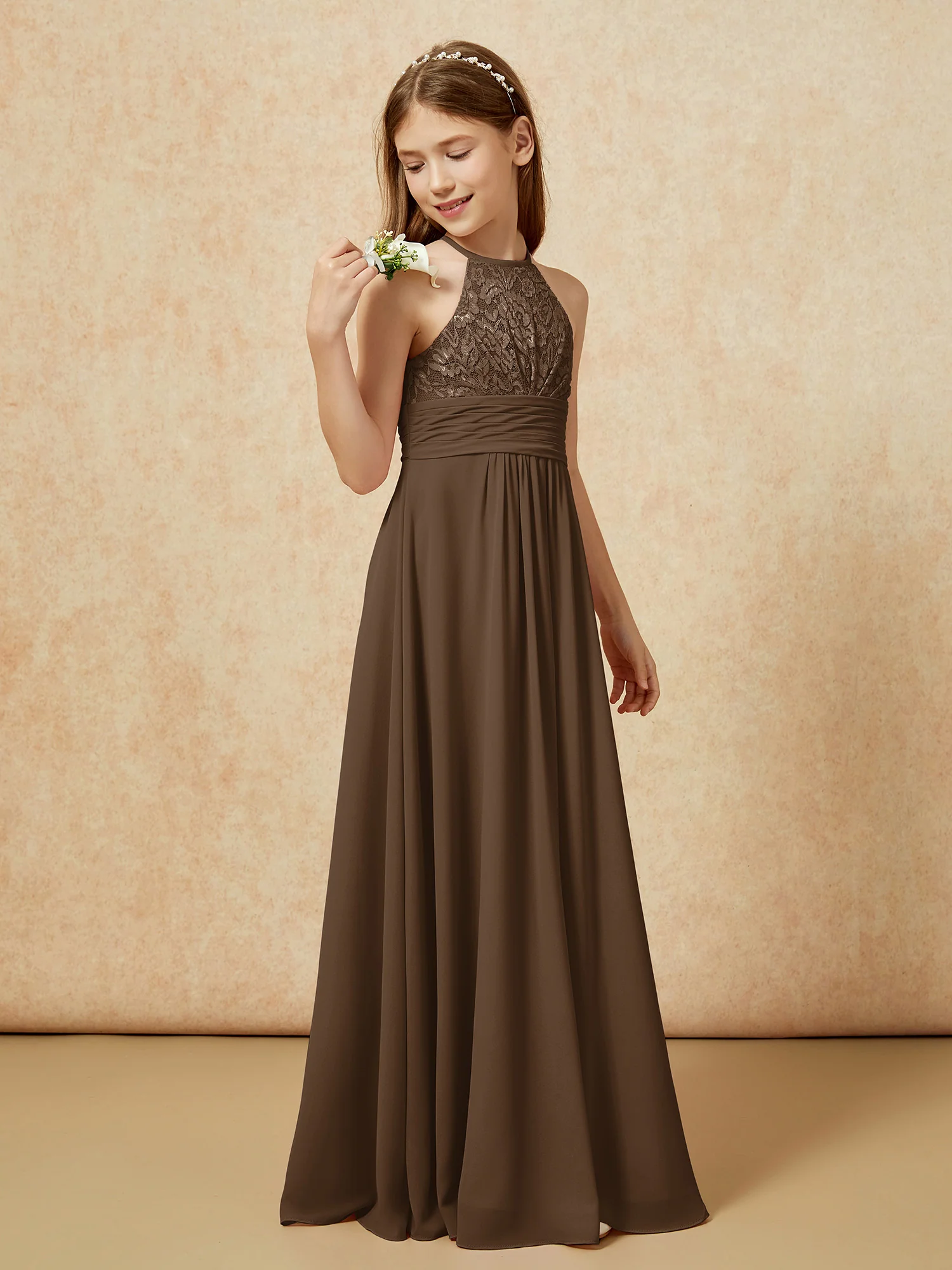 Halter Neck Lace Top Chiffon Junior Bridesmaid Dress Brown - Image 3