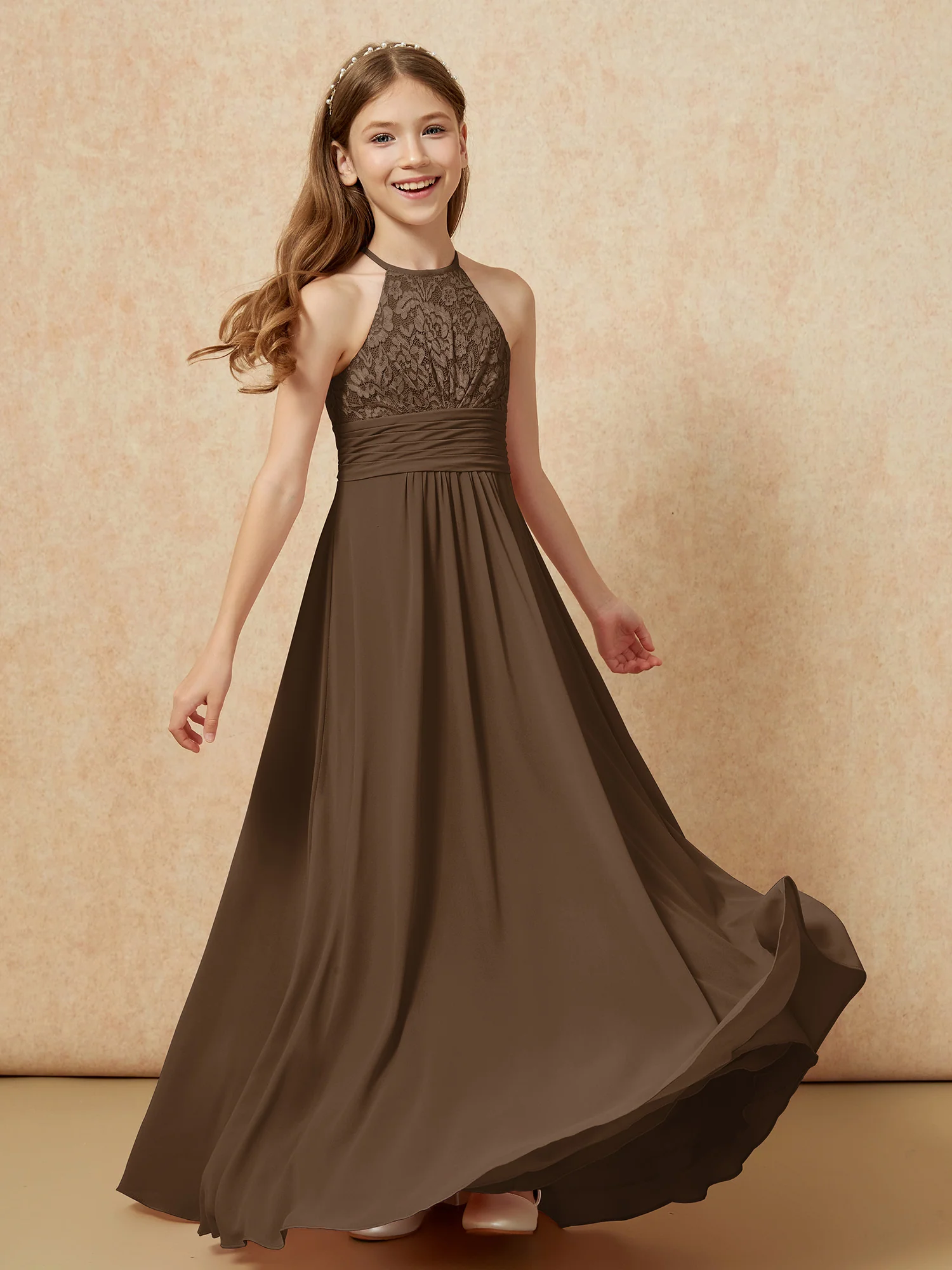 Halter Neck Lace Top Chiffon Junior Bridesmaid Dress Brown - Image 4