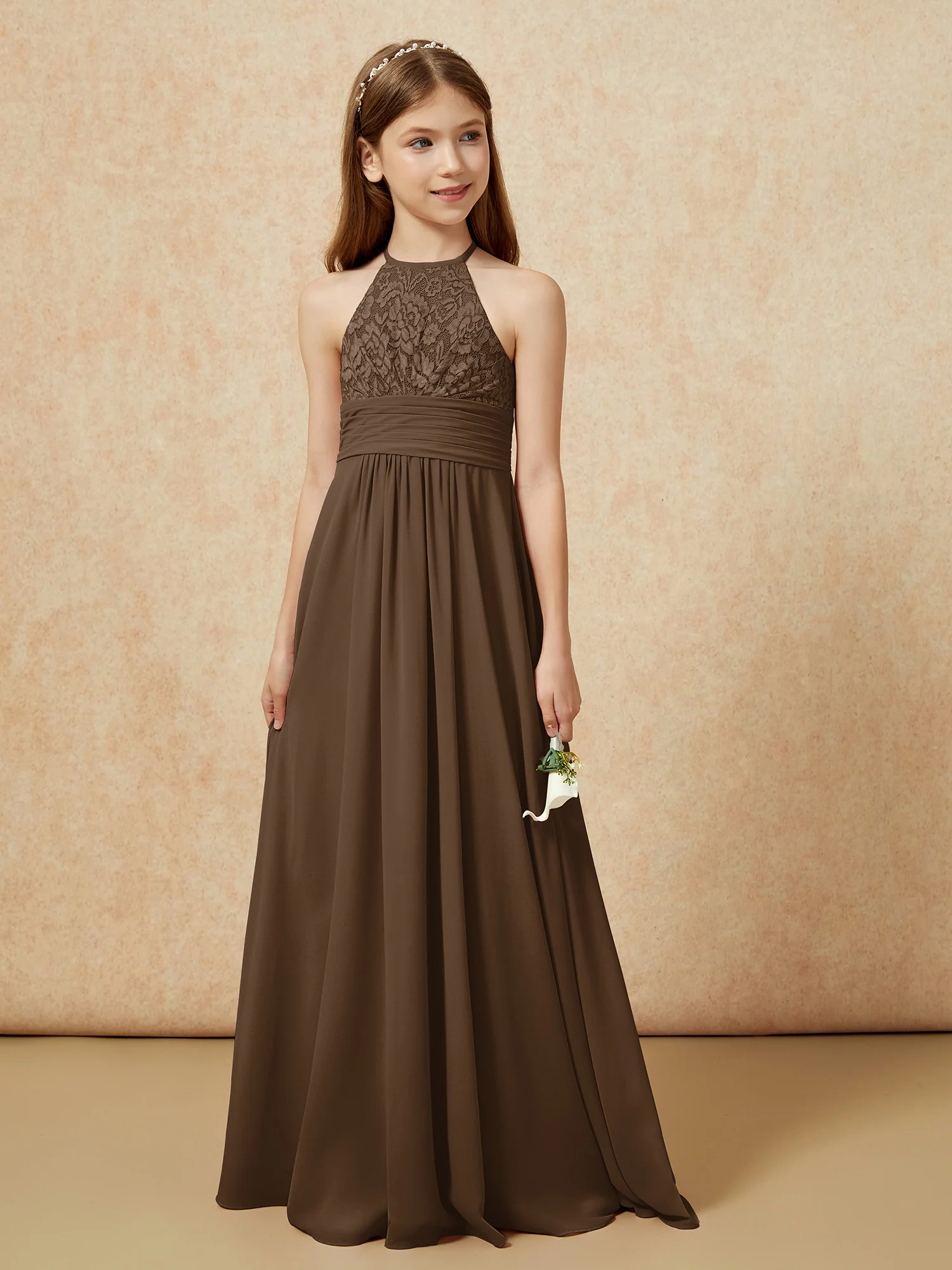 Halter Neck Lace Top Chiffon Junior Bridesmaid Dress Brown - Image 5