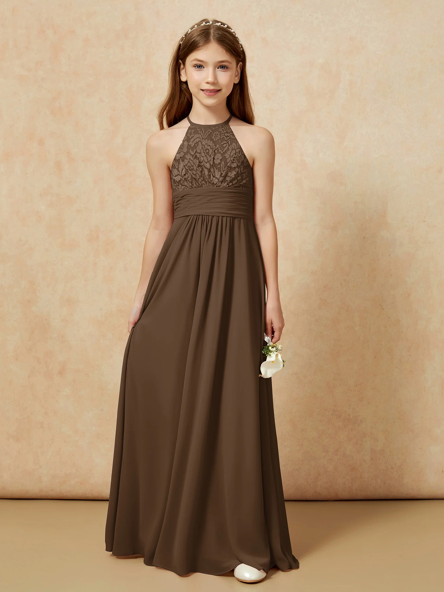 Halter Neck Lace Top Chiffon Junior Bridesmaid Dress Brown - Image 7