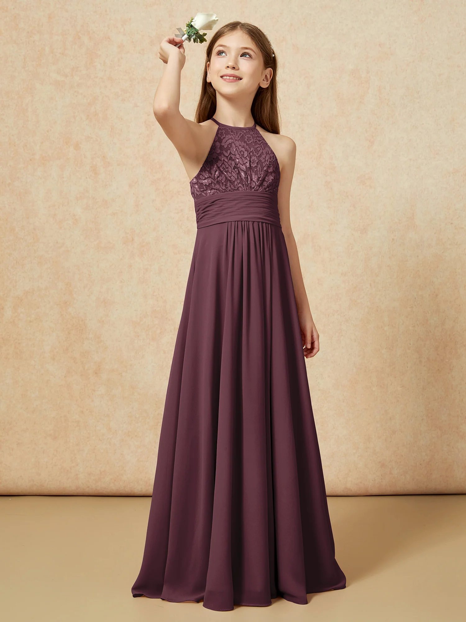 Halter Neck Lace Top Chiffon Junior Bridesmaid Dress Cabernet