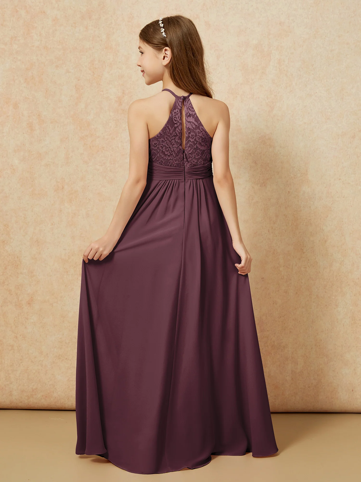 Halter Neck Lace Top Chiffon Junior Bridesmaid Dress Cabernet - Image 2